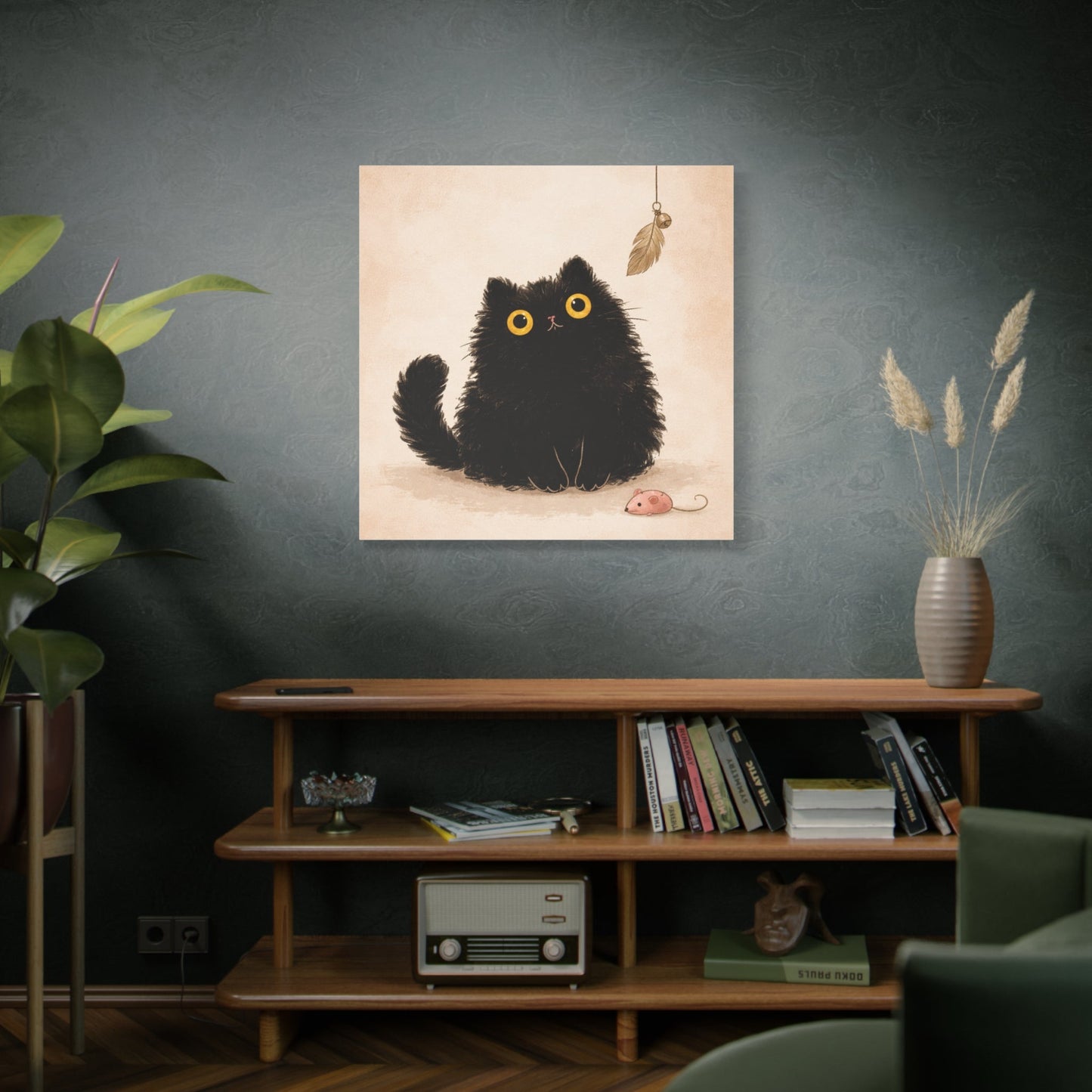 Fluffy Black Cat Canvas Print — Cute Wide - Eyed Kitty Wall Art - FloofChonk
