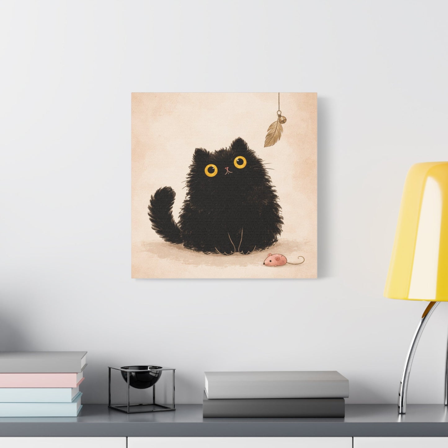Fluffy Black Cat Canvas Print — Cute Wide - Eyed Kitty Wall Art - FloofChonk