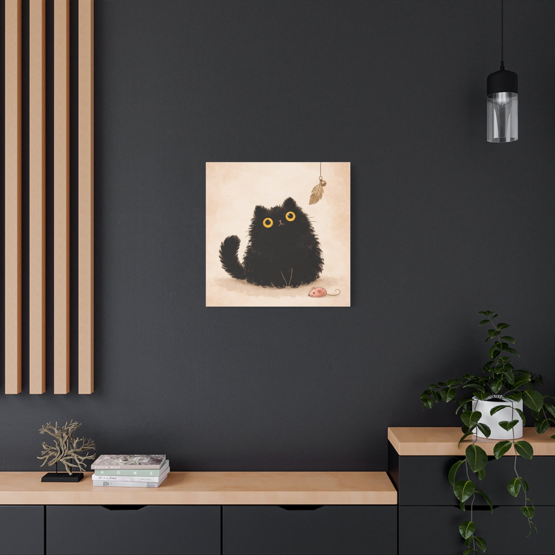 Fluffy Black Cat Canvas Print — Cute Wide - Eyed Kitty Wall Art - FloofChonk