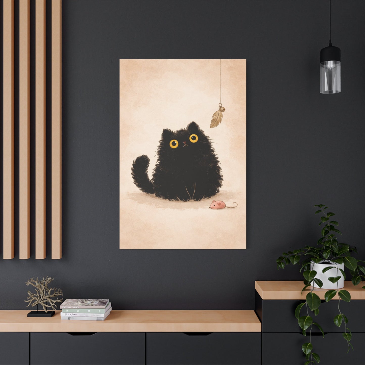 Fluffy Black Cat Canvas Print — Cute Wide - Eyed Kitty Wall Art - FloofChonk