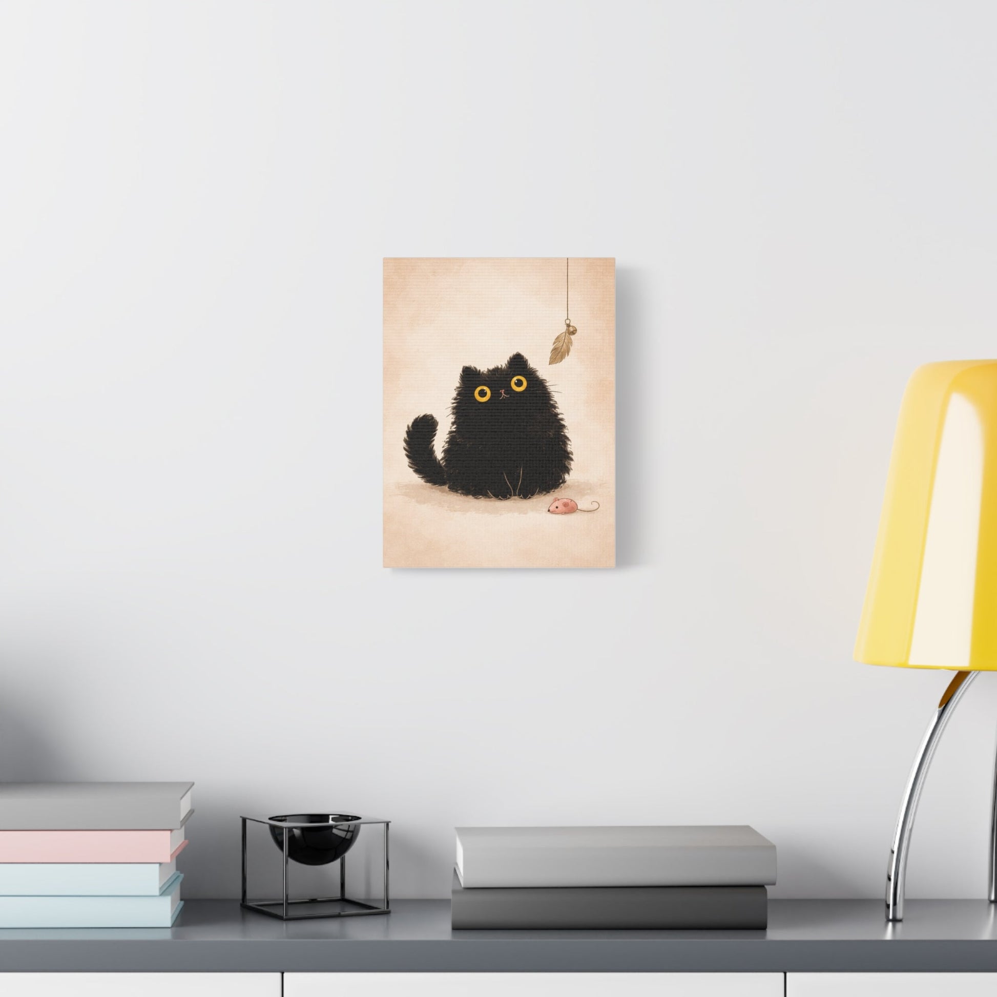 Fluffy Black Cat Canvas Print — Cute Wide - Eyed Kitty Wall Art - FloofChonk