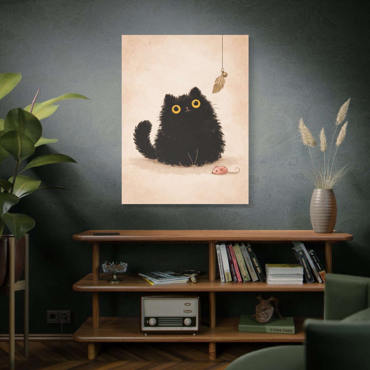 Fluffy Black Cat Canvas Print — Cute Wide - Eyed Kitty Wall Art - FloofChonk
