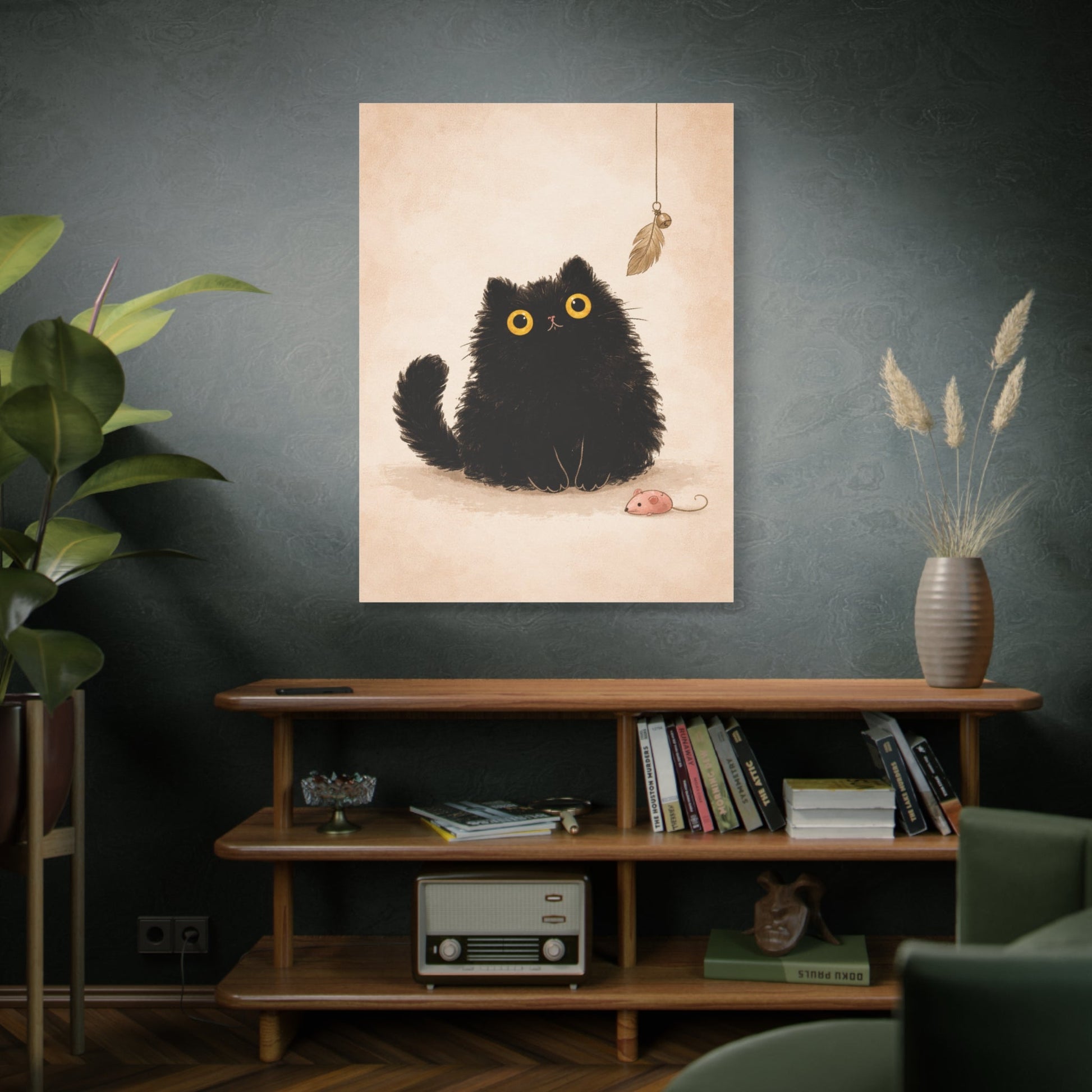 Fluffy Black Cat Canvas Print — Cute Wide - Eyed Kitty Wall Art - FloofChonk