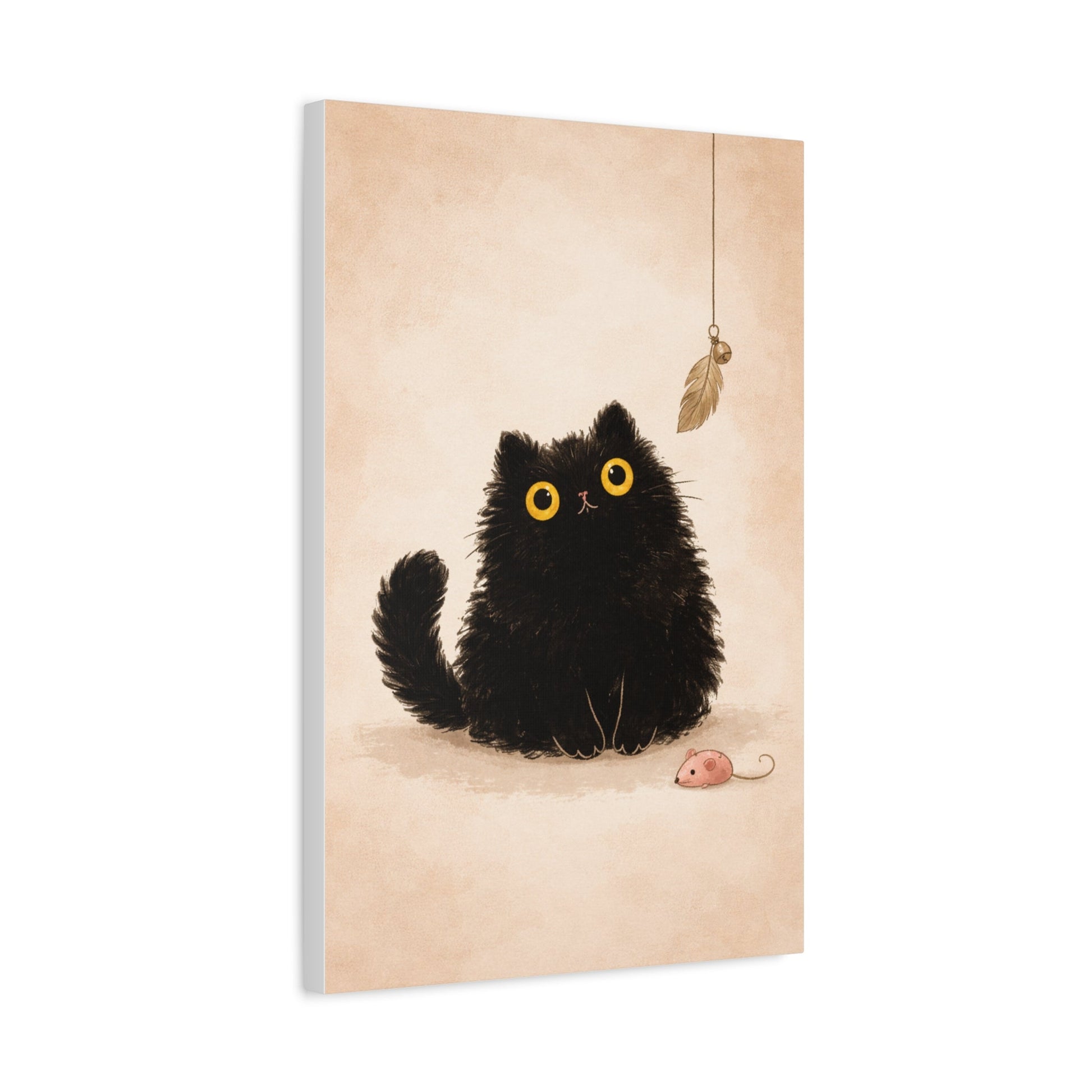 Fluffy Black Cat Canvas Print — Cute Wide - Eyed Kitty Wall Art - FloofChonk
