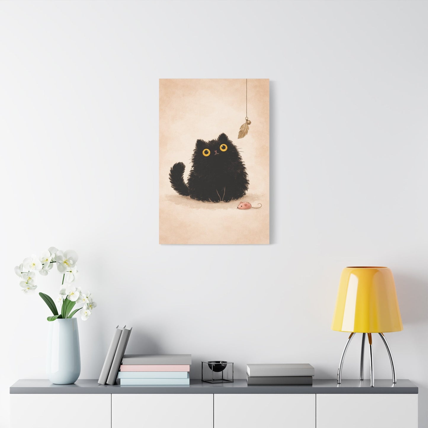 Fluffy Black Cat Canvas Print — Cute Wide - Eyed Kitty Wall Art - FloofChonk