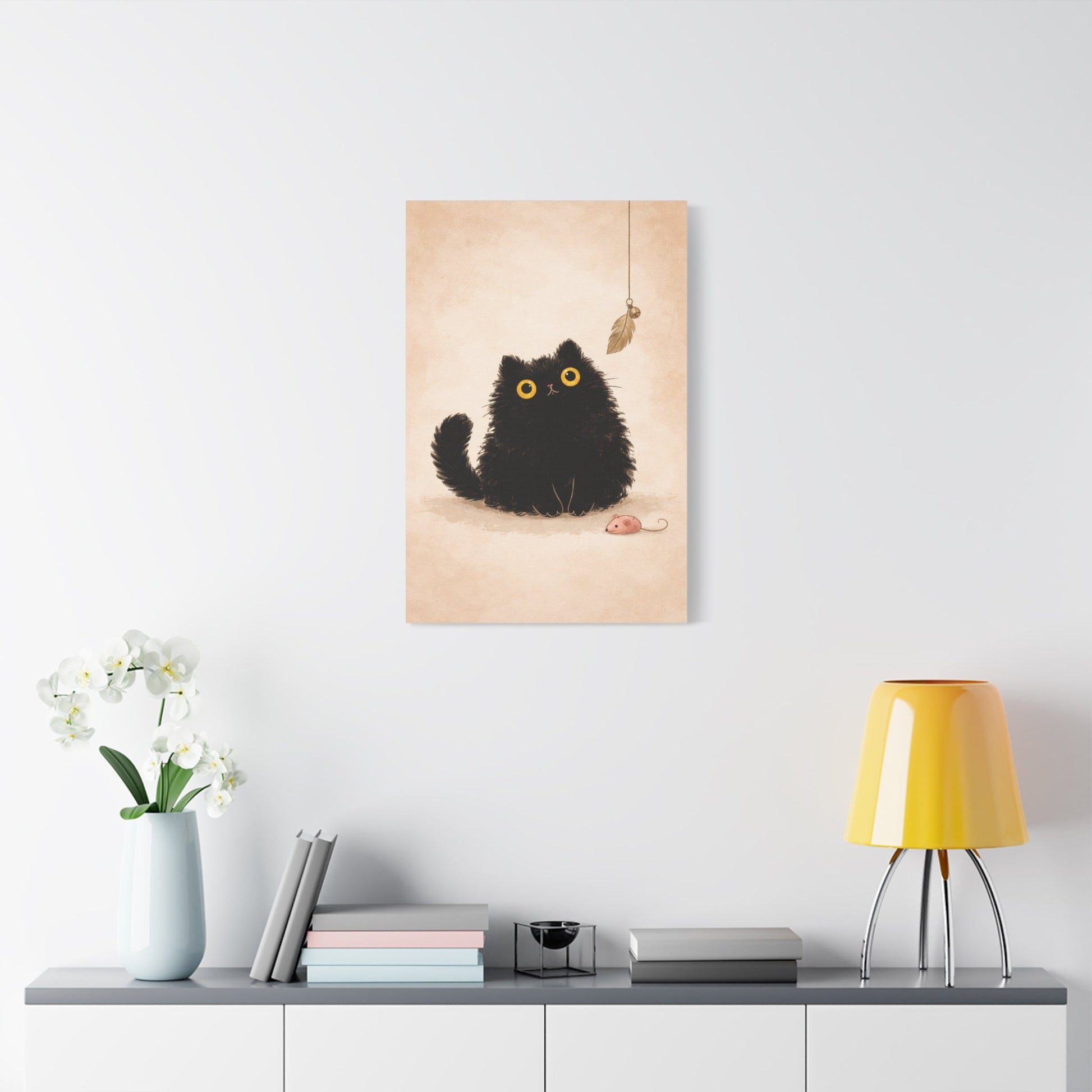 Fluffy Black Cat Canvas Print — Cute Wide - Eyed Kitty Wall Art - FloofChonk