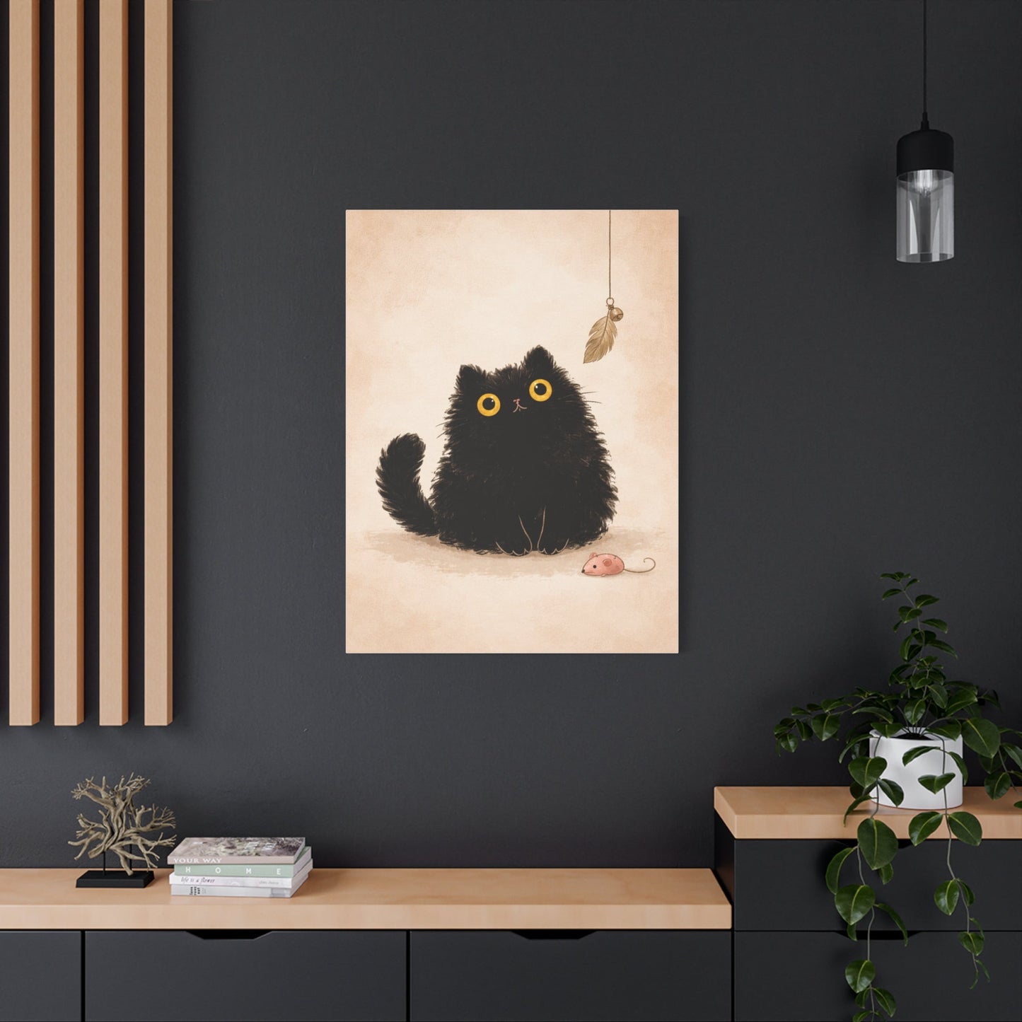 Fluffy Black Cat Canvas Print — Cute Wide - Eyed Kitty Wall Art - FloofChonk