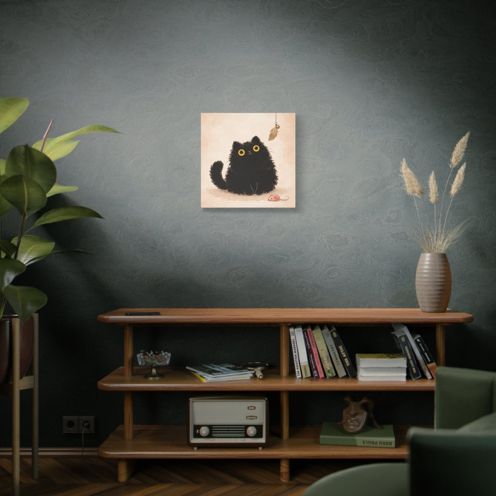 Fluffy Black Cat Canvas Print — Cute Wide - Eyed Kitty Wall Art - FloofChonk