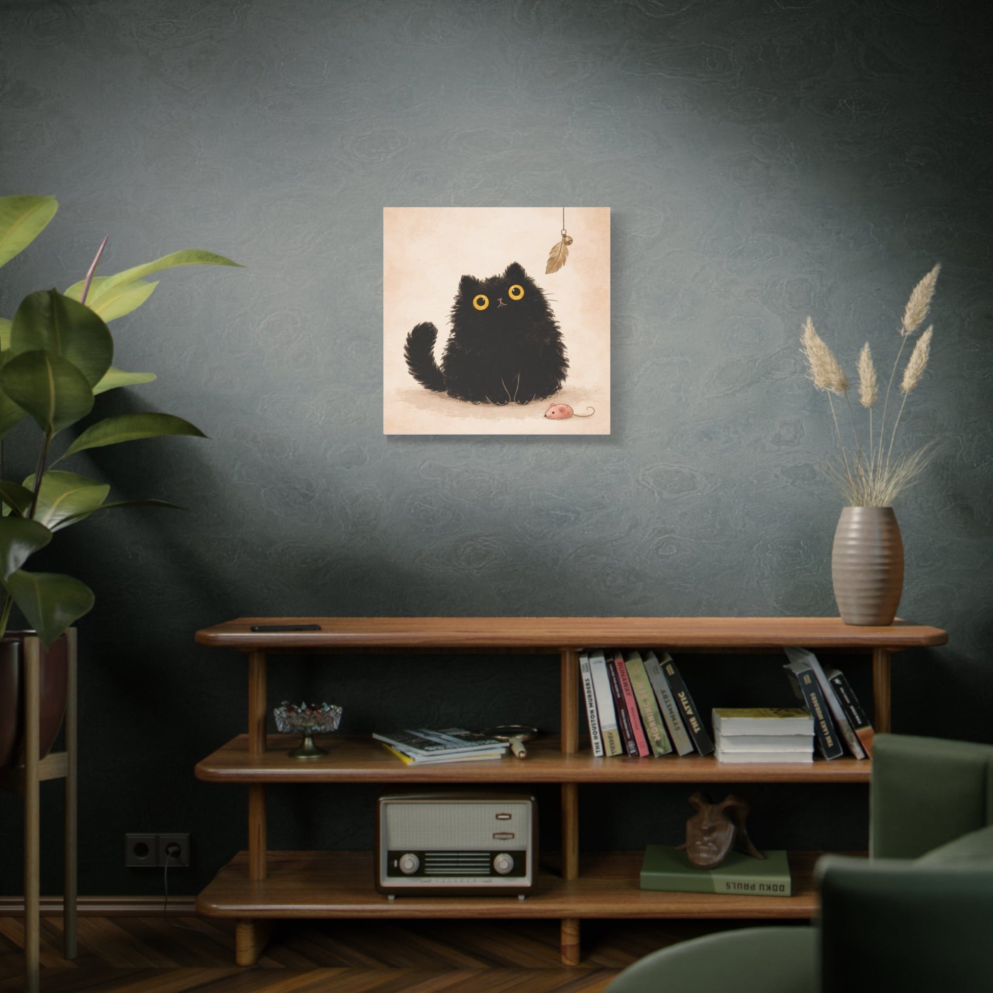 Fluffy Black Cat Canvas Print — Cute Wide - Eyed Kitty Wall Art - FloofChonk