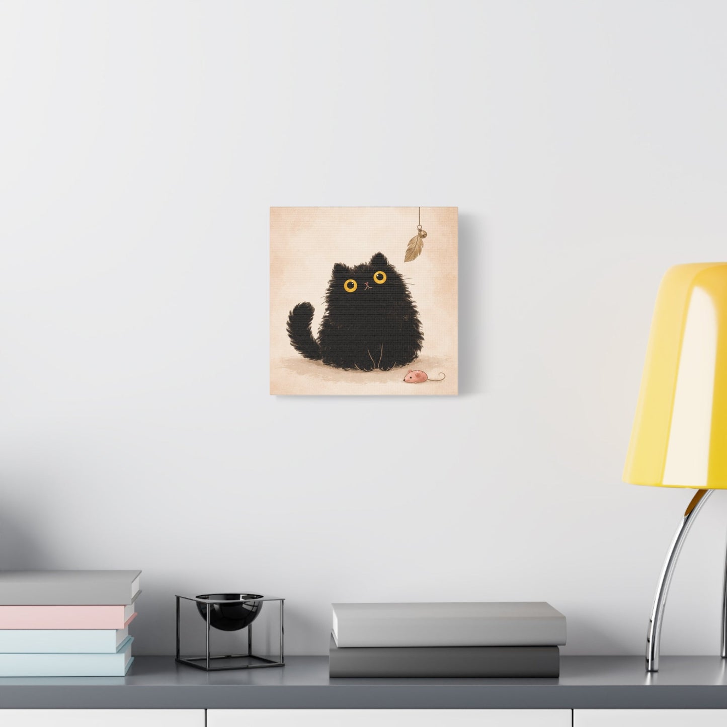 Fluffy Black Cat Canvas Print — Cute Wide - Eyed Kitty Wall Art - FloofChonk