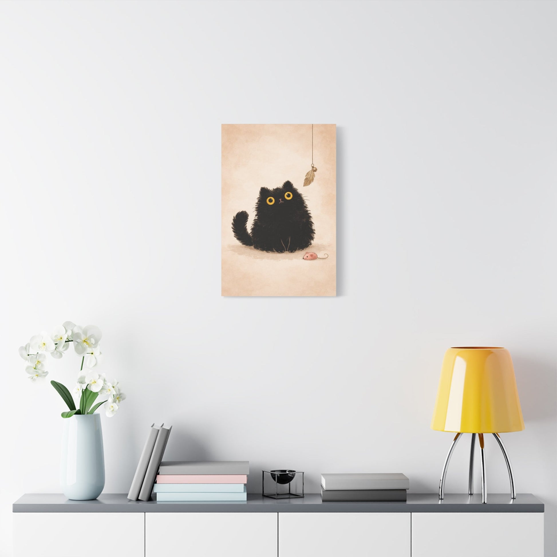 Fluffy Black Cat Canvas Print — Cute Wide - Eyed Kitty Wall Art - FloofChonk
