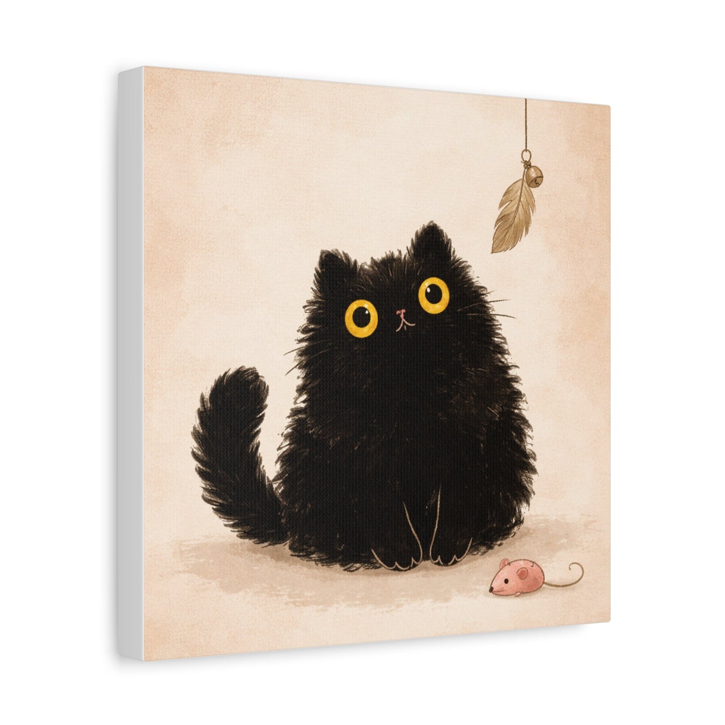 Fluffy Black Cat Canvas Print — Cute Wide - Eyed Kitty Wall Art - FloofChonk