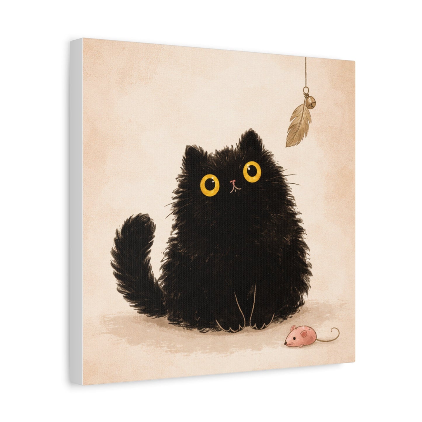 Fluffy Black Cat Canvas Print — Cute Wide - Eyed Kitty Wall Art - FloofChonk