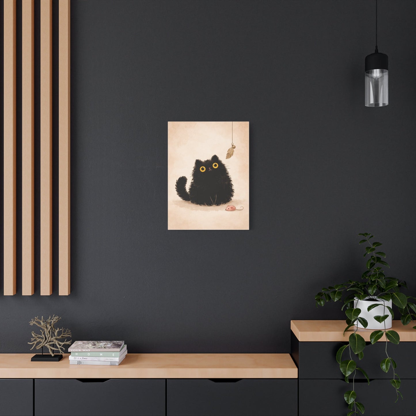 Fluffy Black Cat Canvas Print — Cute Wide - Eyed Kitty Wall Art - FloofChonk
