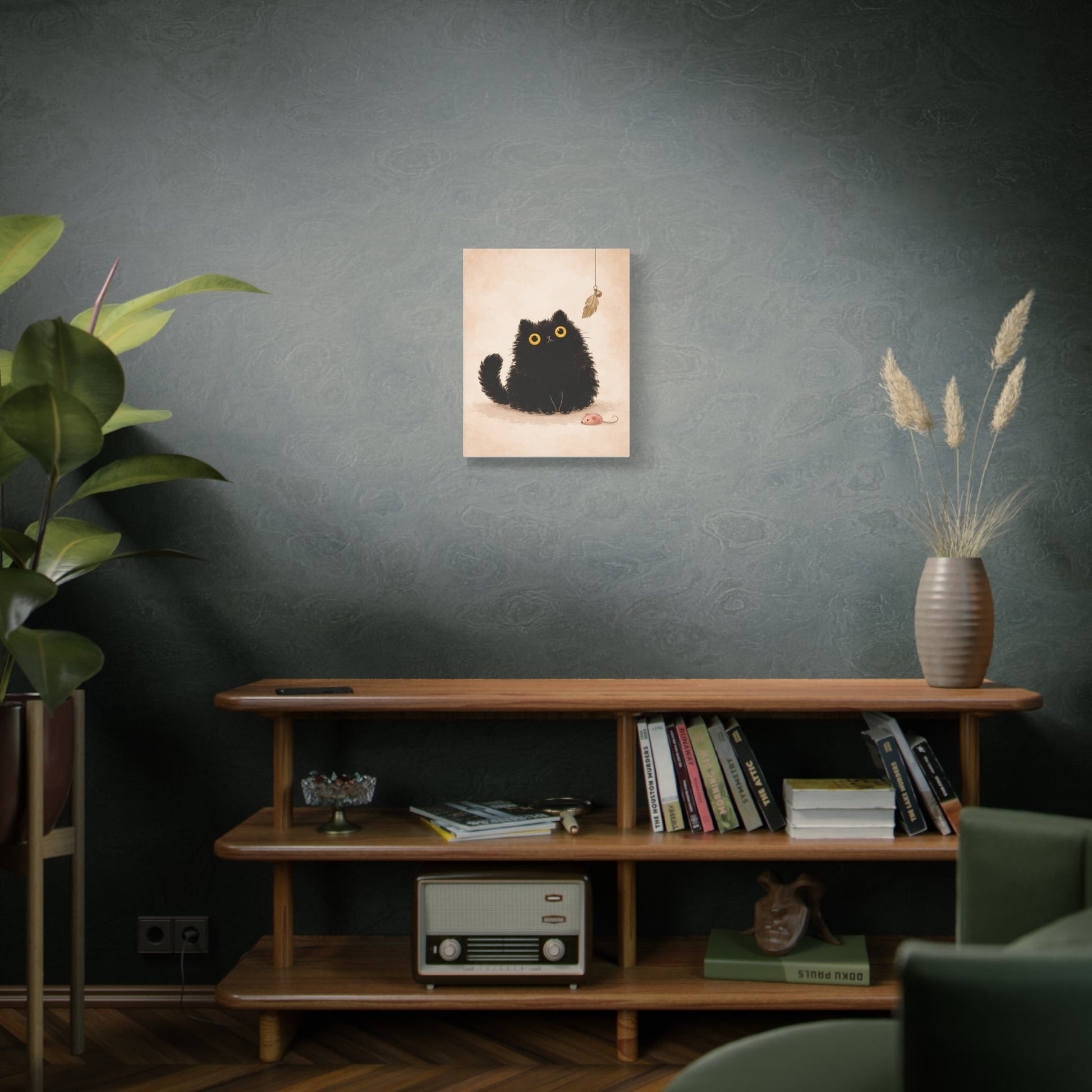 Fluffy Black Cat Canvas Print — Cute Wide - Eyed Kitty Wall Art - FloofChonk