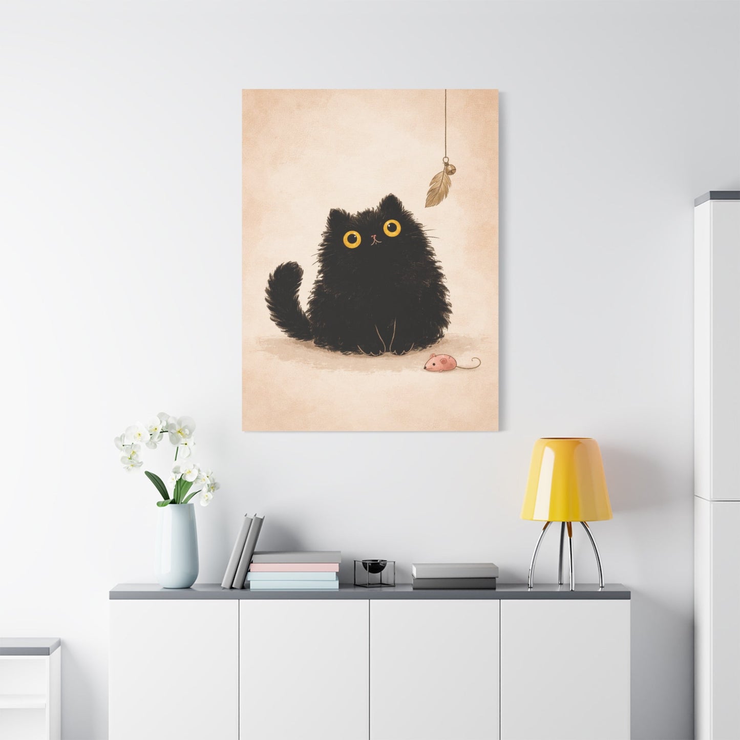 Fluffy Black Cat Canvas Print — Cute Wide - Eyed Kitty Wall Art - FloofChonk