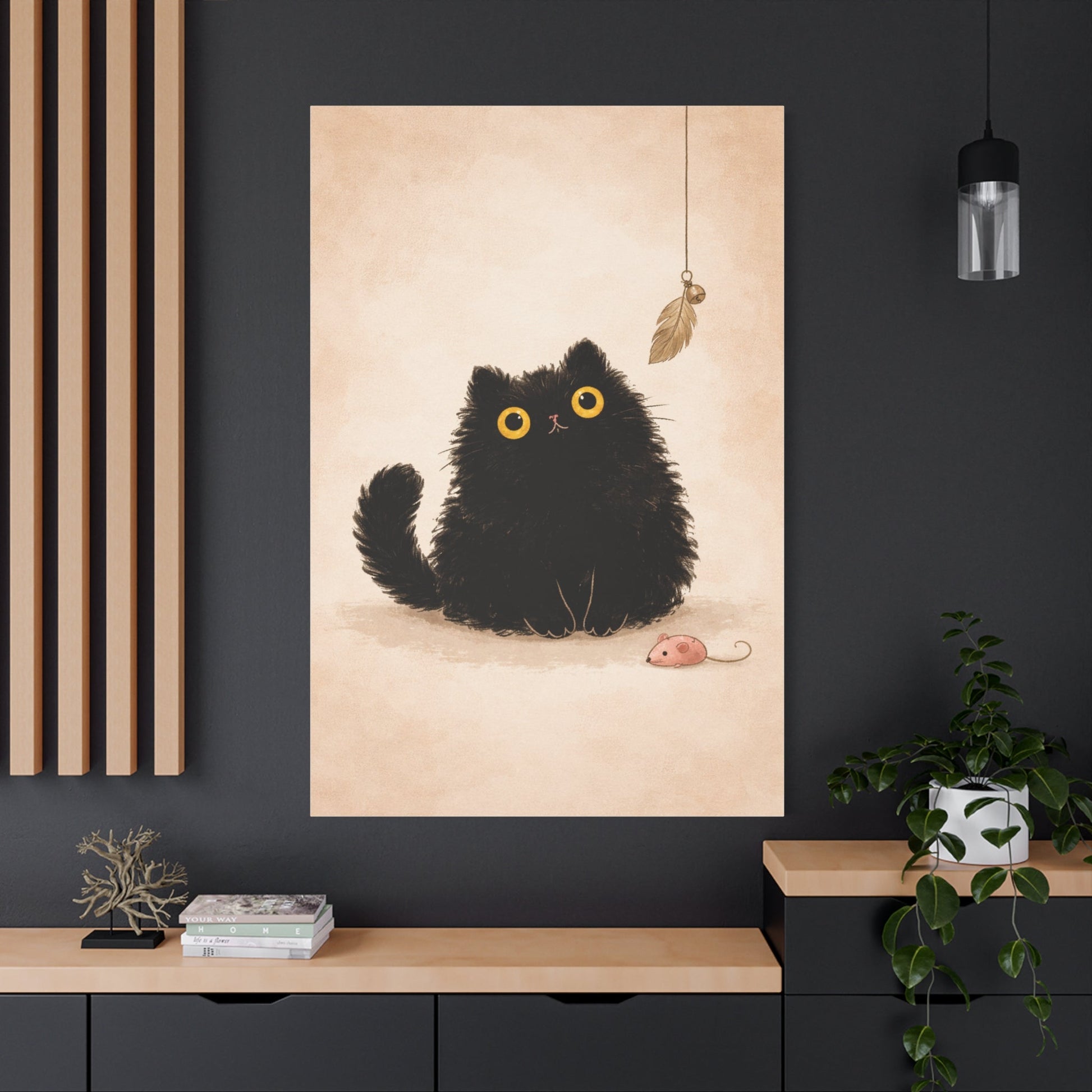 Fluffy Black Cat Canvas Print — Cute Wide - Eyed Kitty Wall Art - FloofChonk