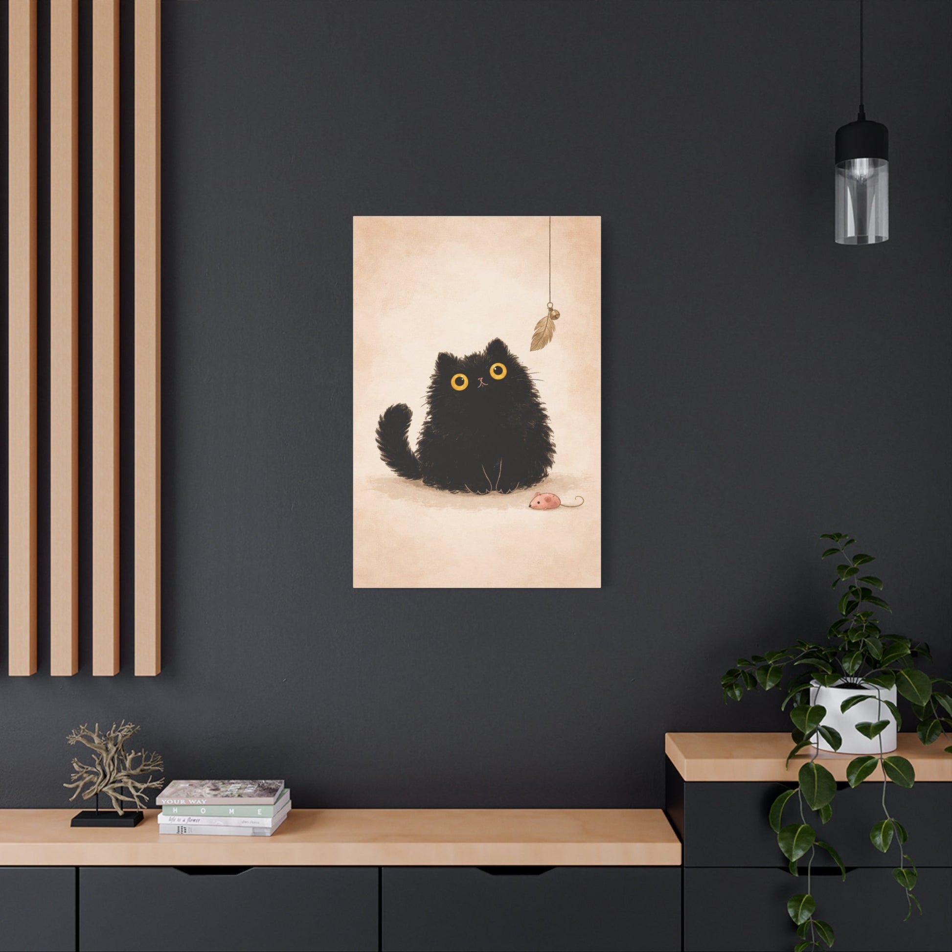 Fluffy Black Cat Canvas Print — Cute Wide - Eyed Kitty Wall Art - FloofChonk