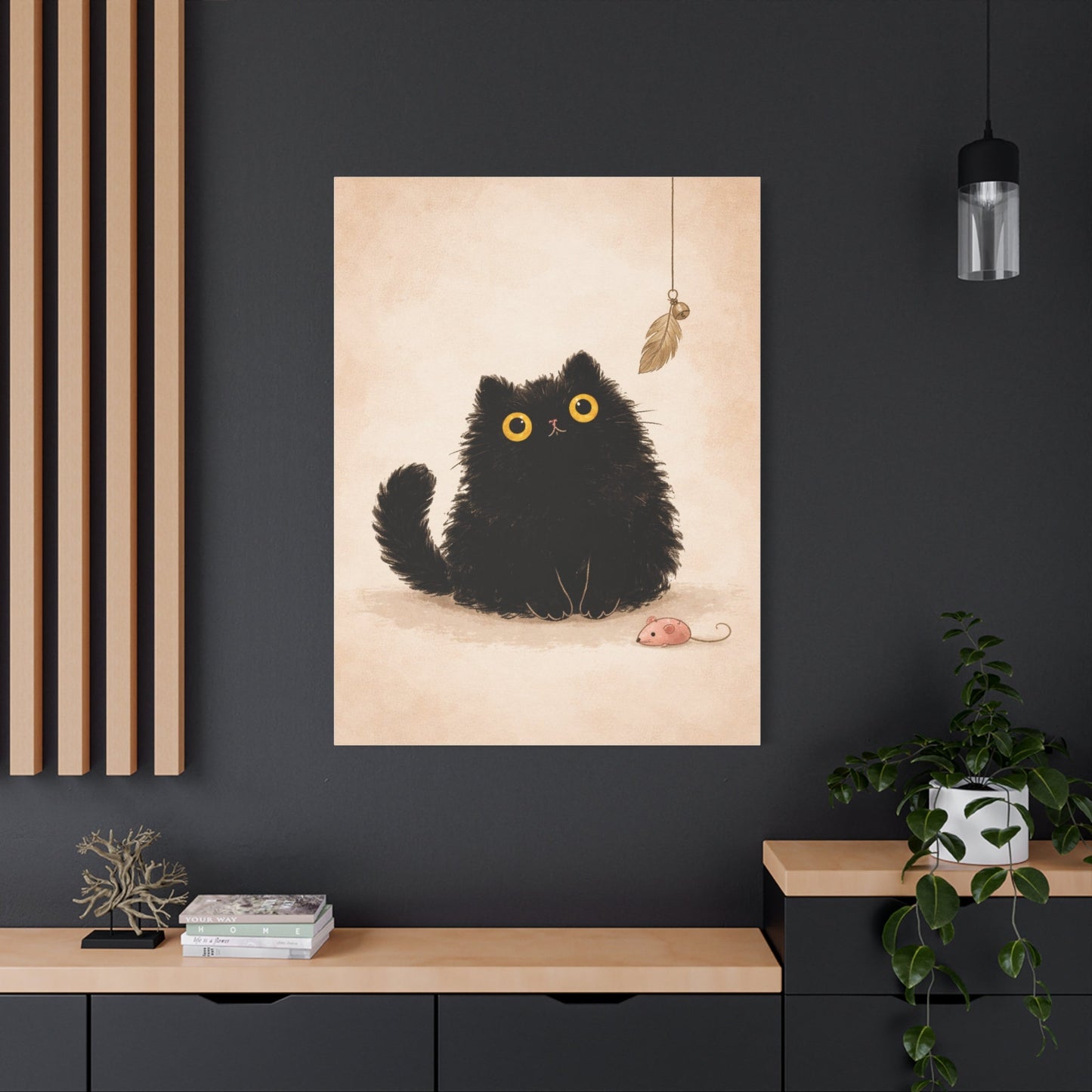 Fluffy Black Cat Canvas Print — Cute Wide - Eyed Kitty Wall Art - FloofChonk