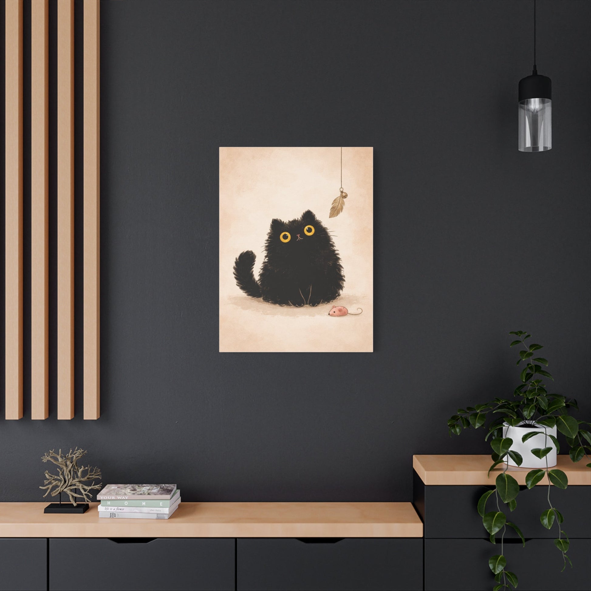 Fluffy Black Cat Canvas Print — Cute Wide - Eyed Kitty Wall Art - FloofChonk