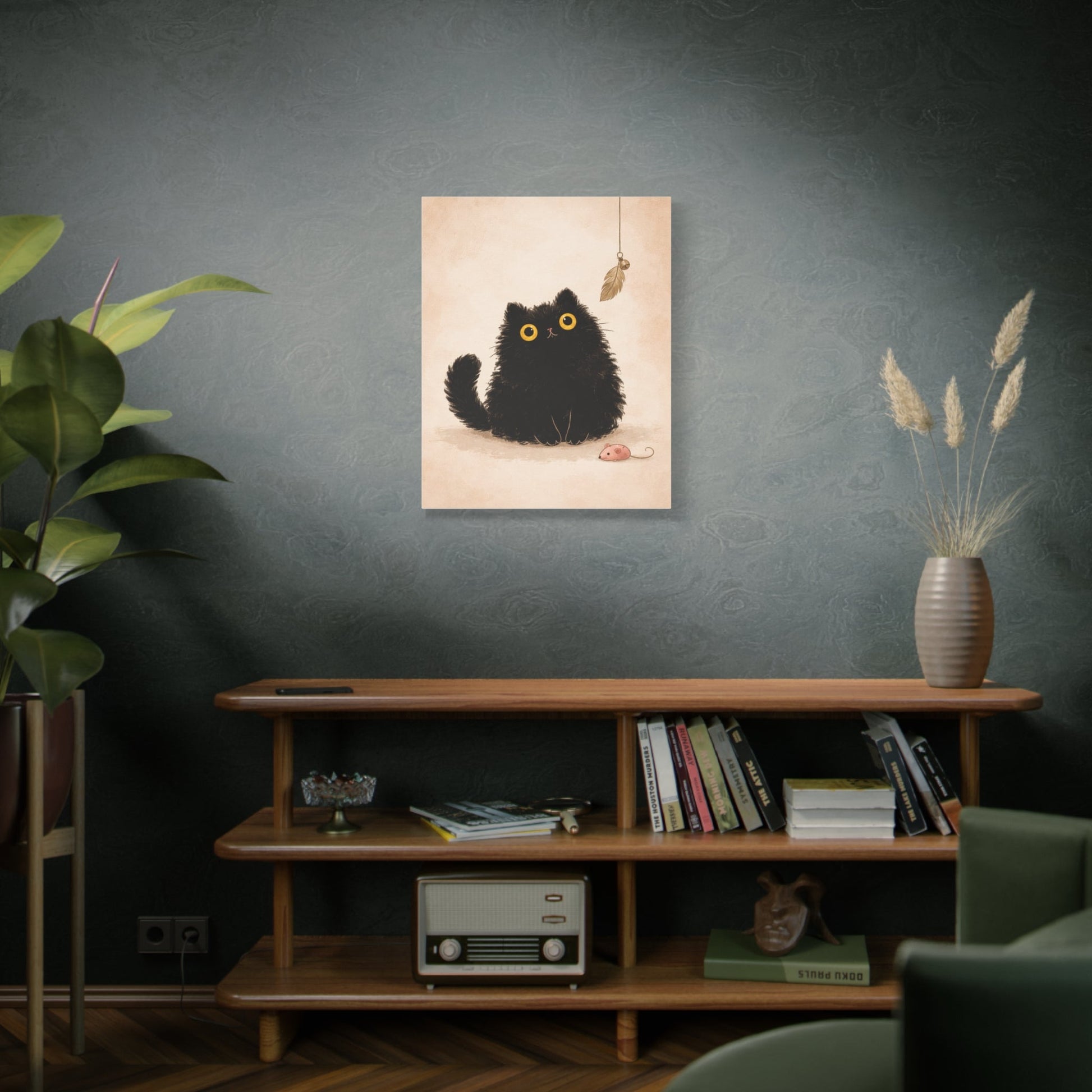 Fluffy Black Cat Canvas Print — Cute Wide - Eyed Kitty Wall Art - FloofChonk