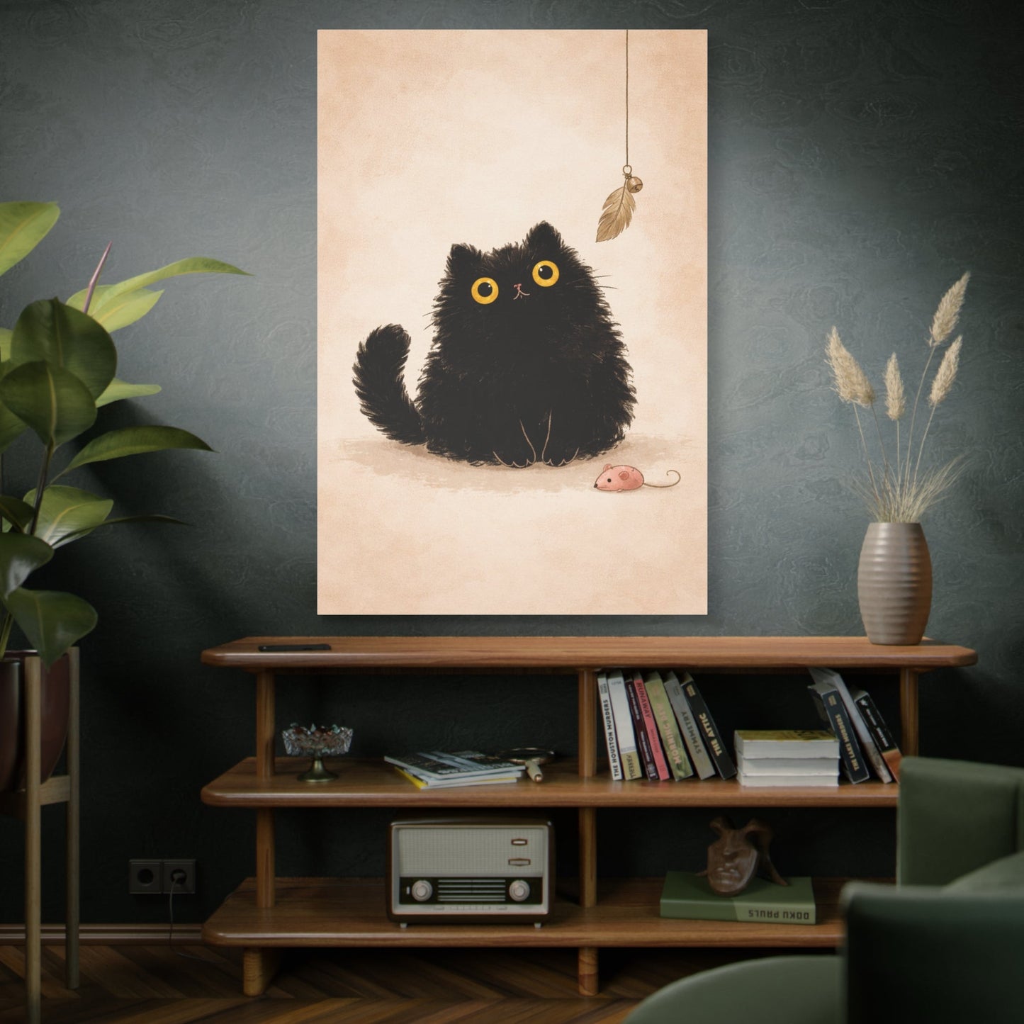 Fluffy Black Cat Canvas Print — Cute Wide - Eyed Kitty Wall Art - FloofChonk