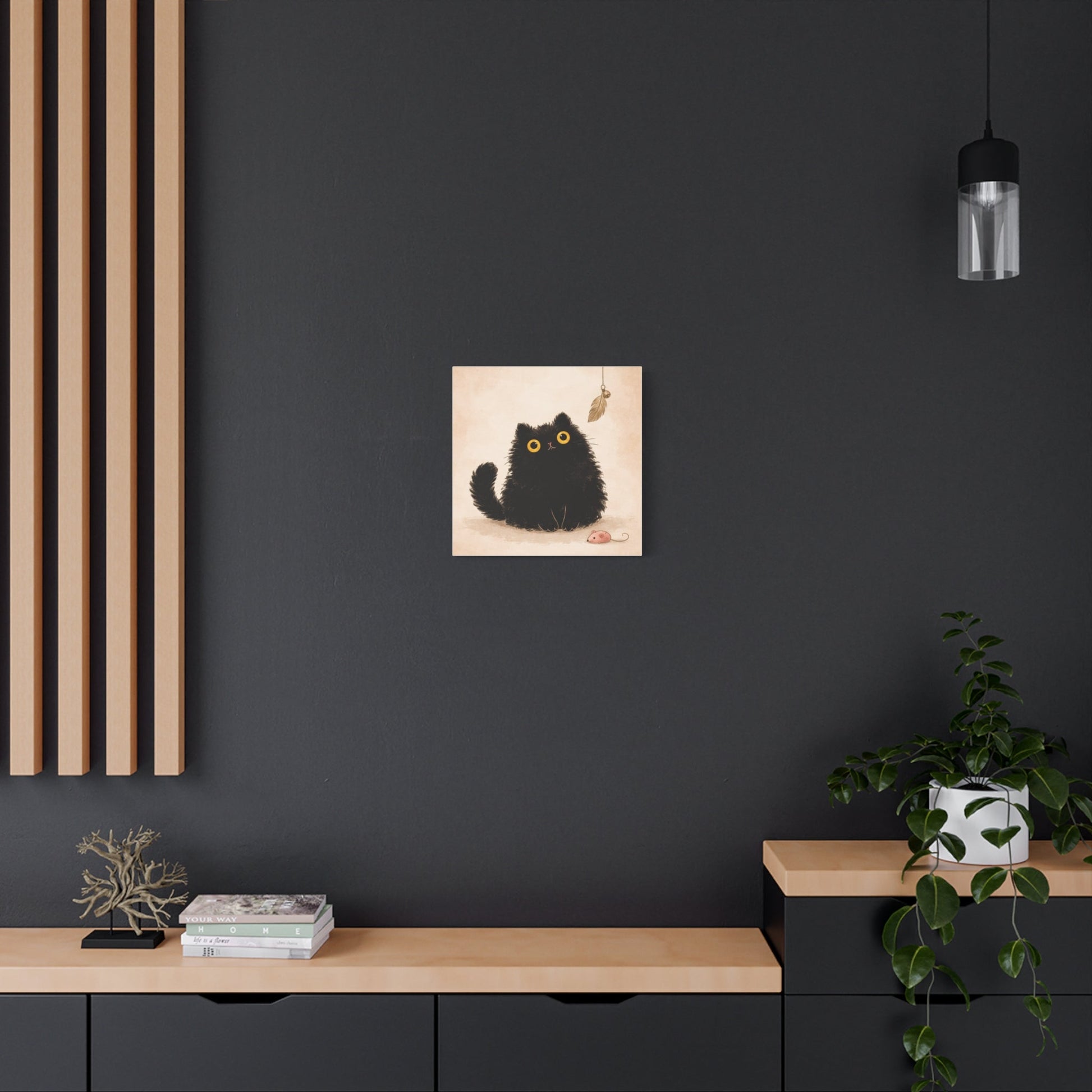 Fluffy Black Cat Canvas Print — Cute Wide - Eyed Kitty Wall Art - FloofChonk