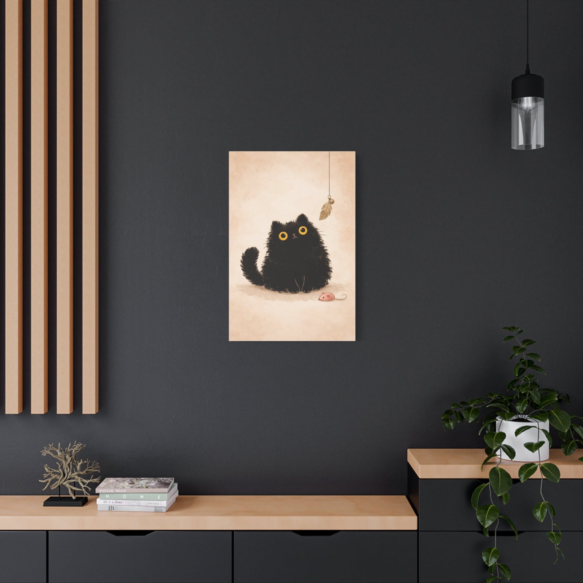 Fluffy Black Cat Canvas Print — Cute Wide - Eyed Kitty Wall Art - FloofChonk