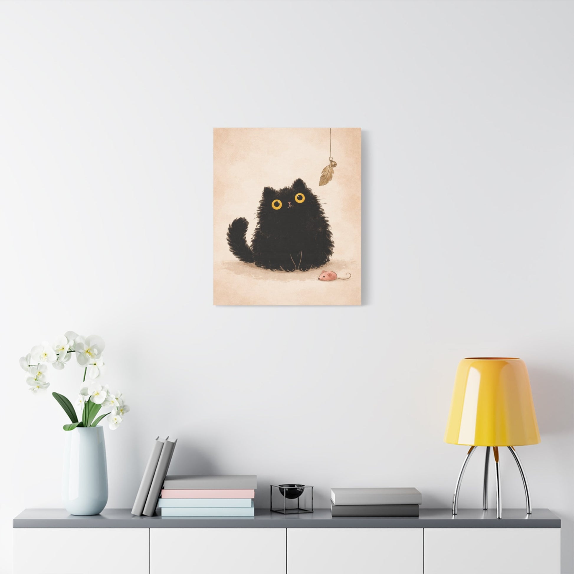 Fluffy Black Cat Canvas Print — Cute Wide - Eyed Kitty Wall Art - FloofChonk