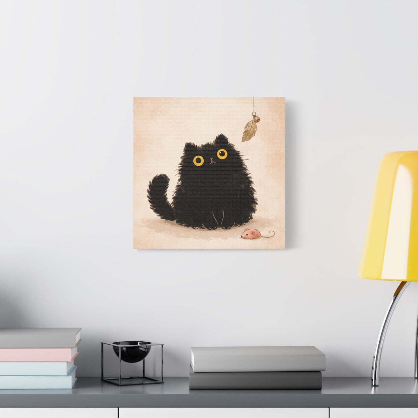 Fluffy Black Cat Canvas Print — Cute Wide - Eyed Kitty Wall Art - FloofChonk