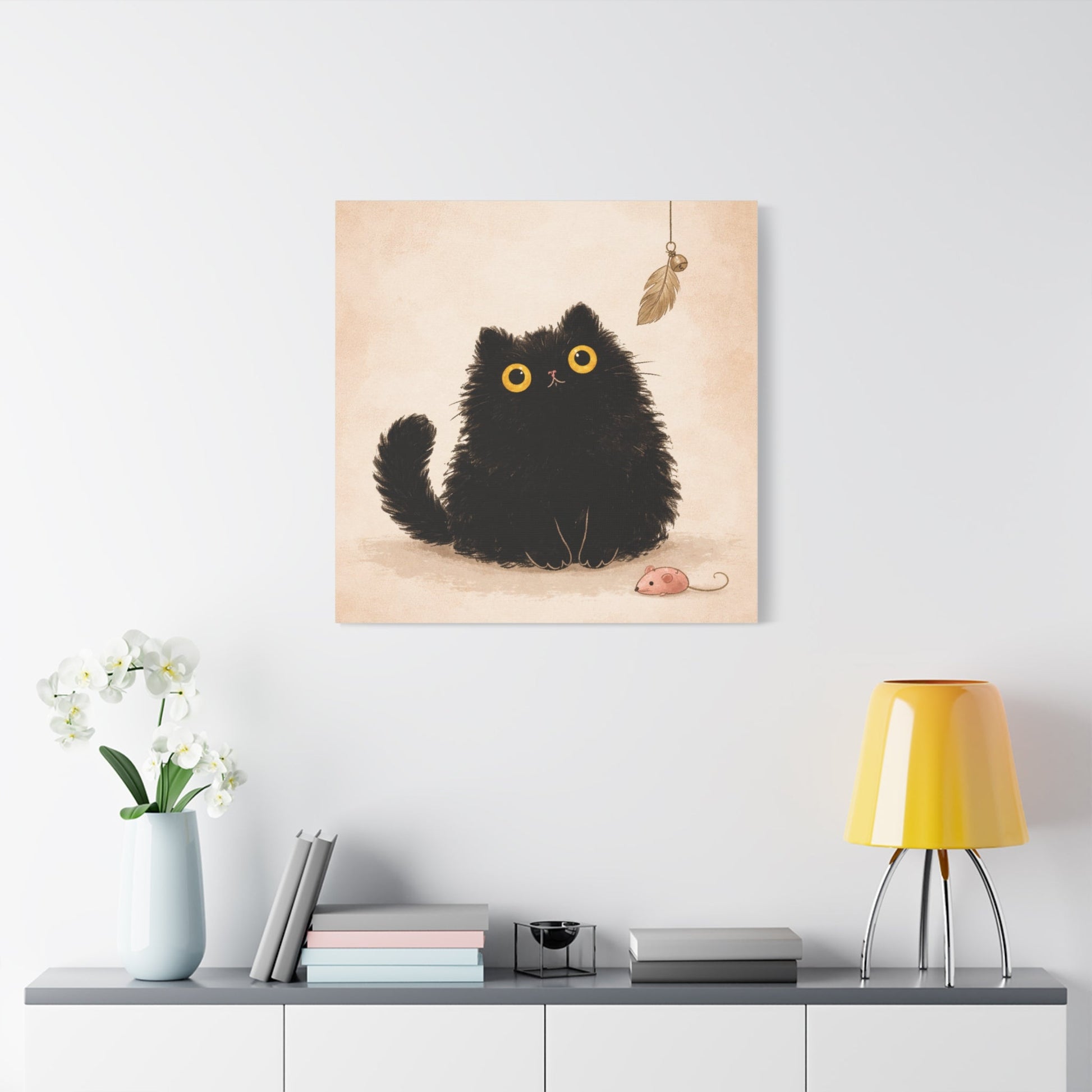 Fluffy Black Cat Canvas Print — Cute Wide - Eyed Kitty Wall Art - FloofChonk