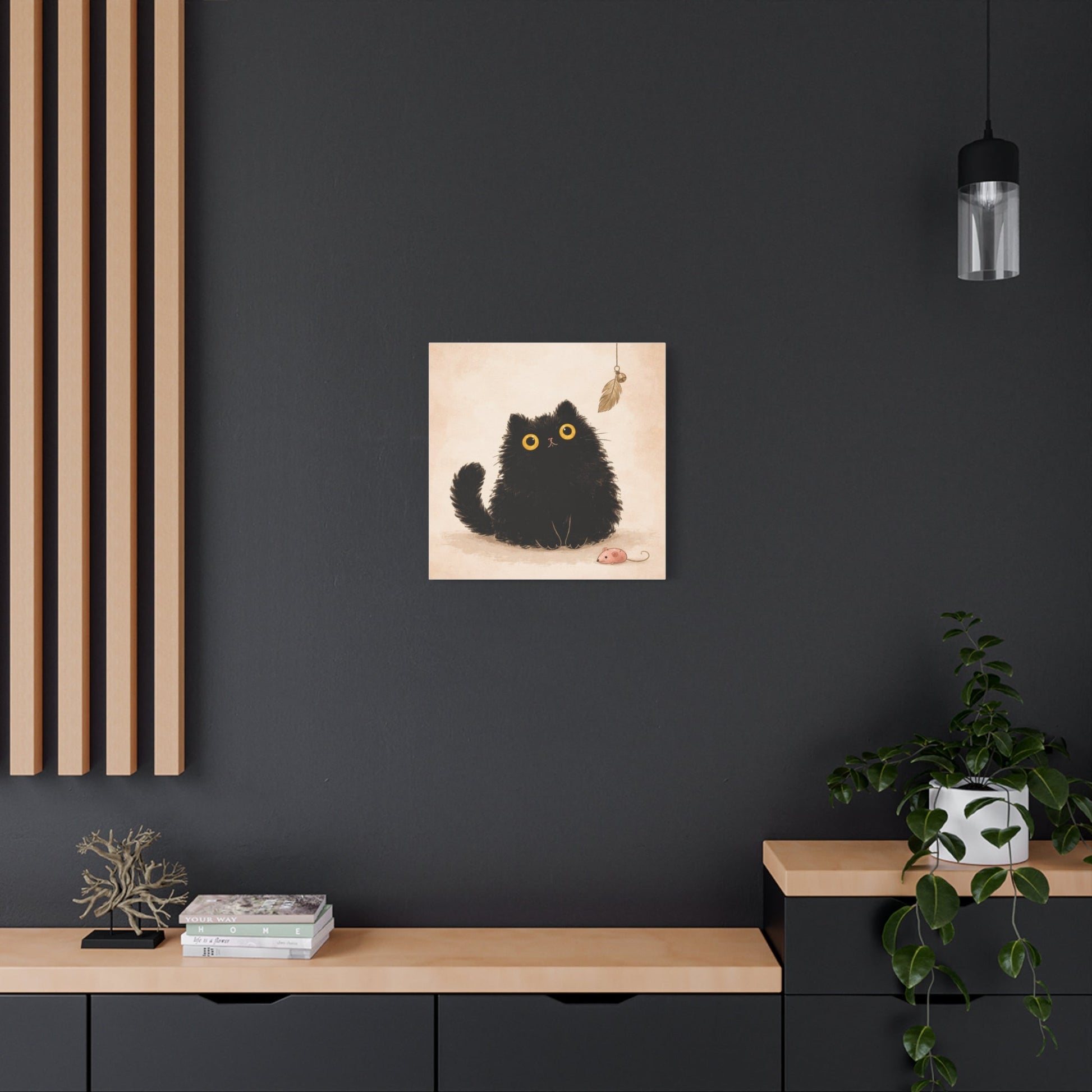 Fluffy Black Cat Canvas Print — Cute Wide - Eyed Kitty Wall Art - FloofChonk