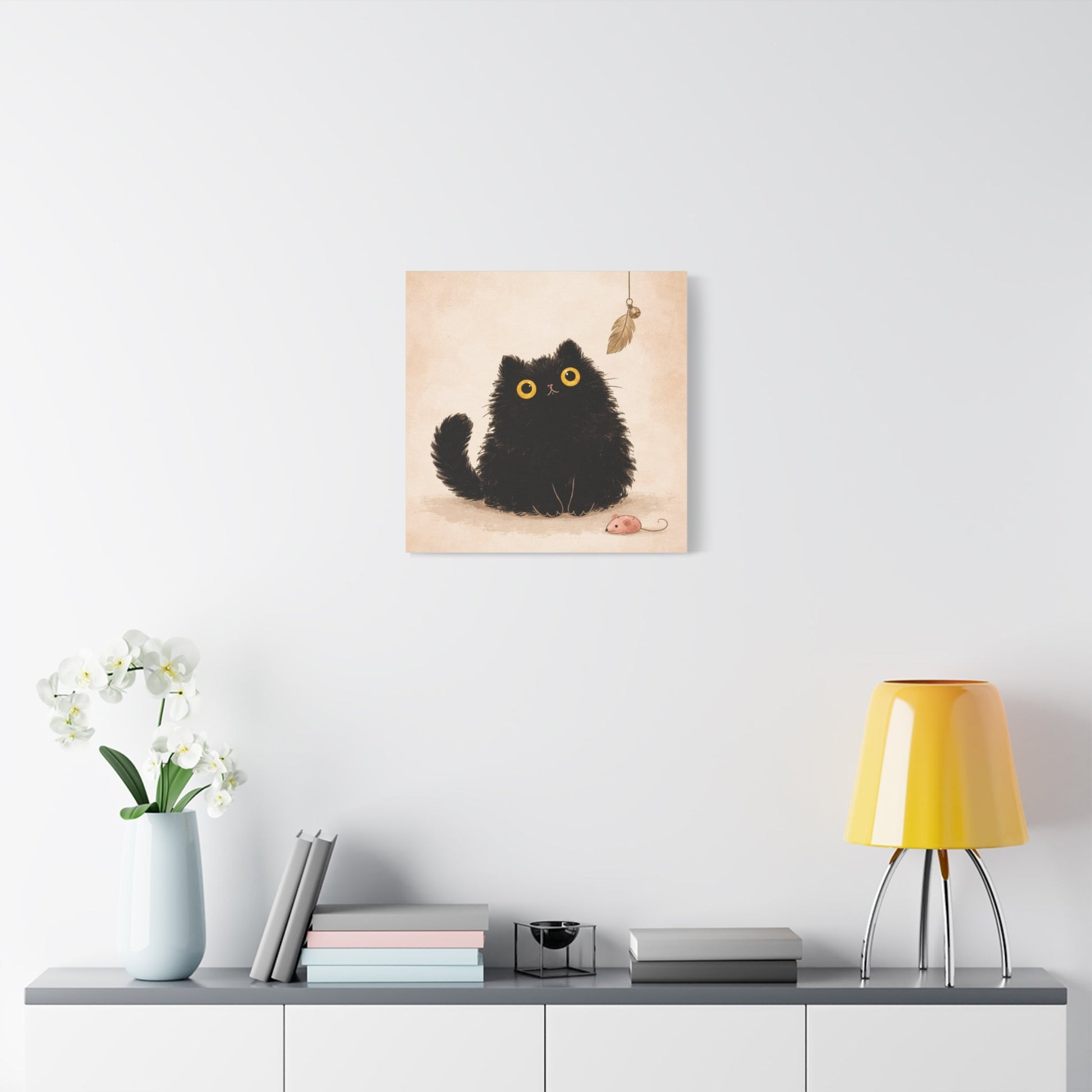 Fluffy Black Cat Canvas Print — Cute Wide - Eyed Kitty Wall Art - FloofChonk