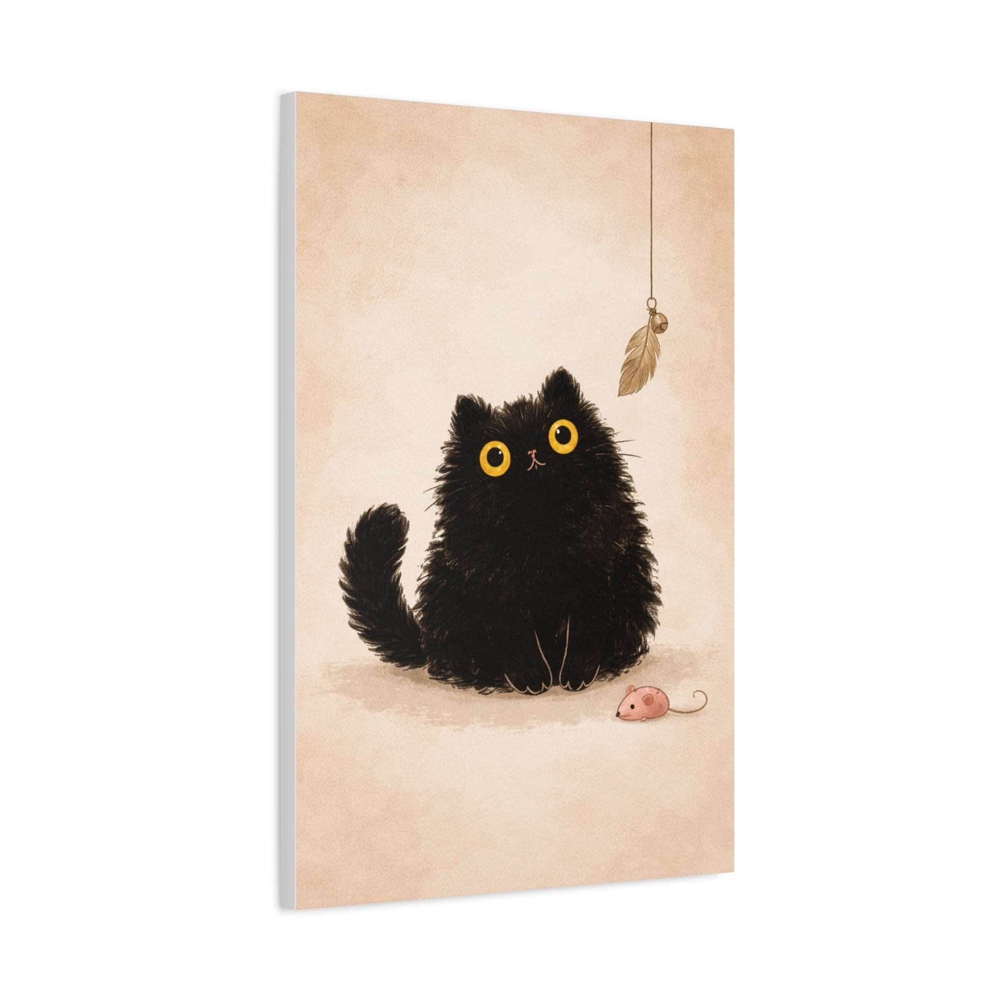 Fluffy Black Cat Canvas Print — Cute Wide - Eyed Kitty Wall Art - FloofChonk