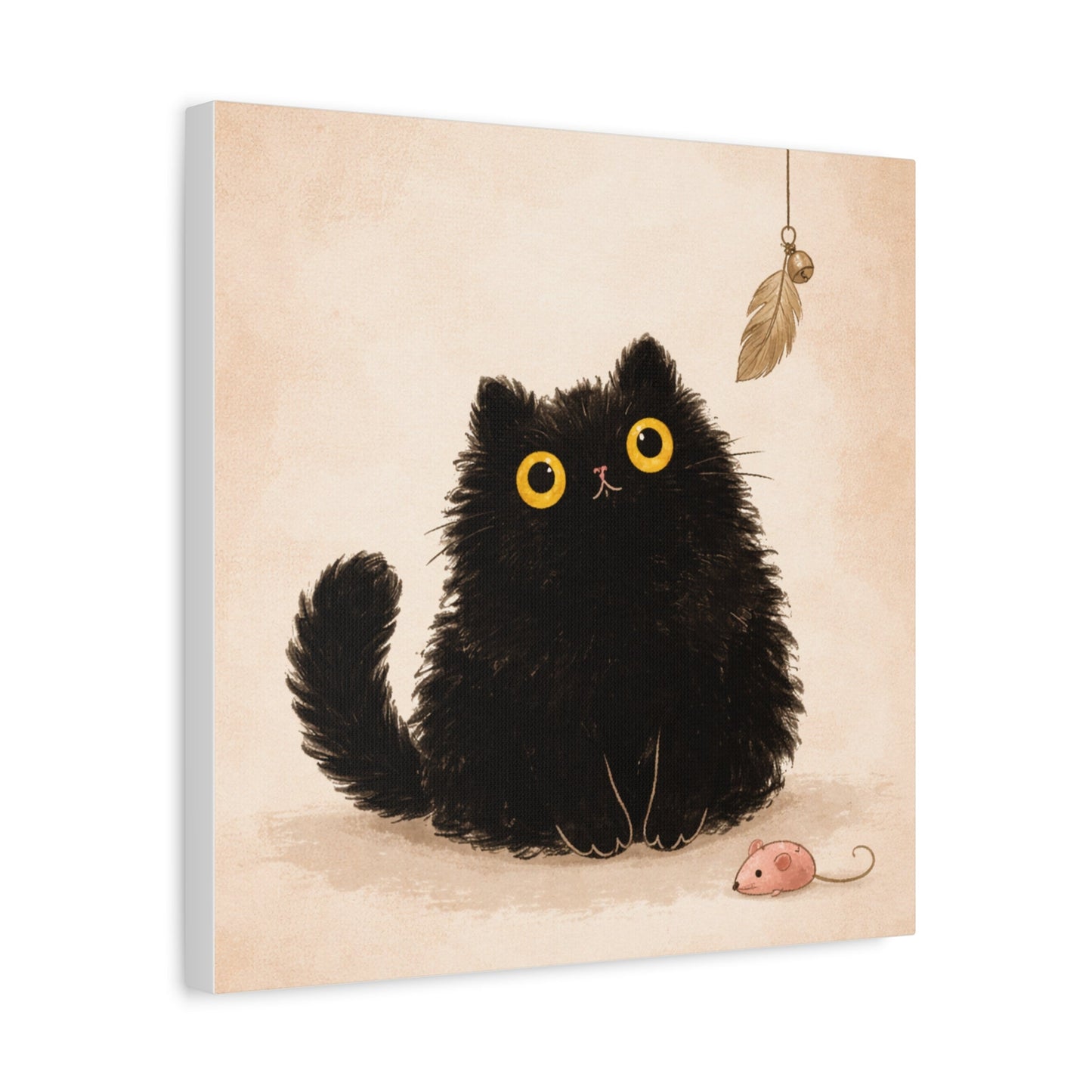 Fluffy Black Cat Canvas Print — Cute Wide - Eyed Kitty Wall Art - FloofChonk