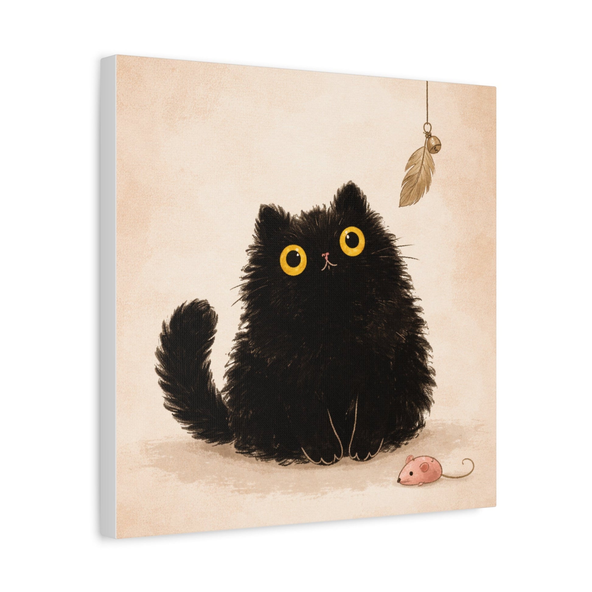 Fluffy Black Cat Canvas Print — Cute Wide - Eyed Kitty Wall Art - FloofChonk