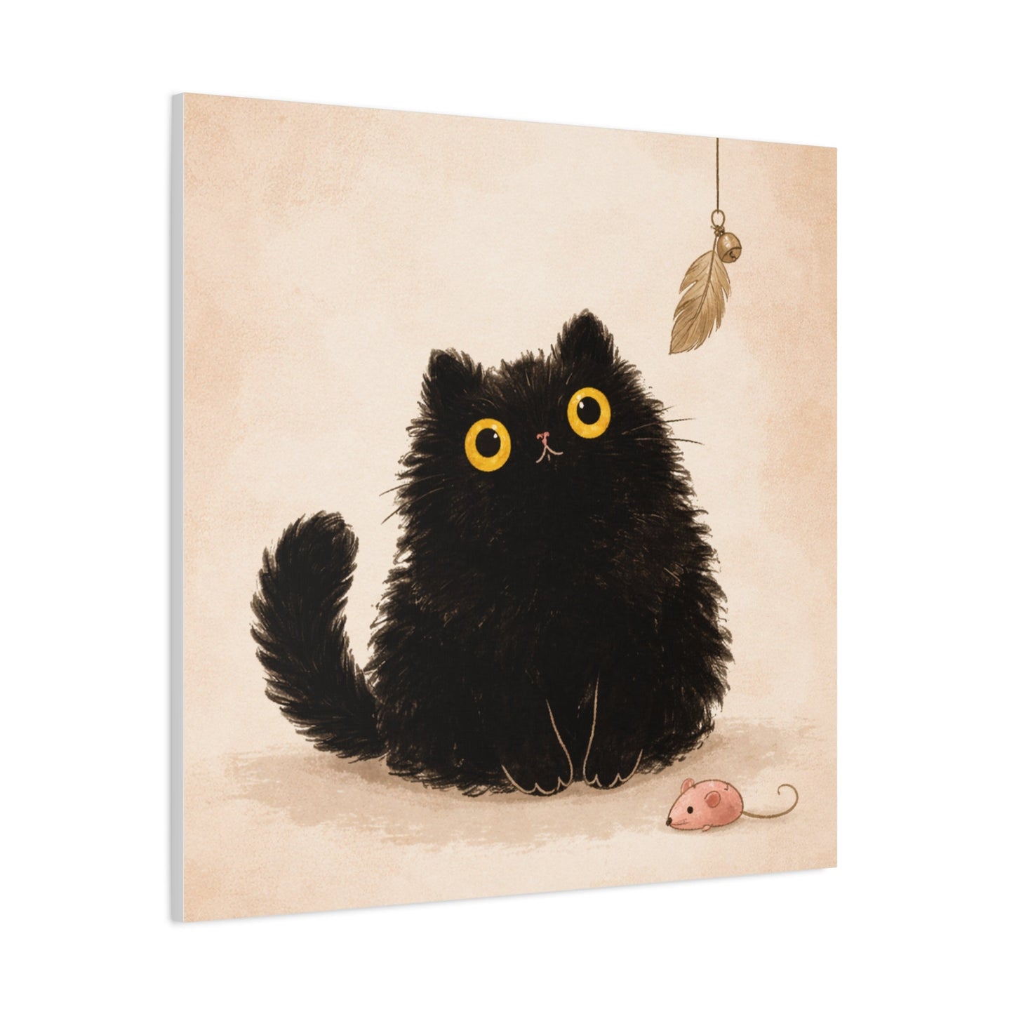 Fluffy Black Cat Canvas Print — Cute Wide - Eyed Kitty Wall Art - FloofChonk