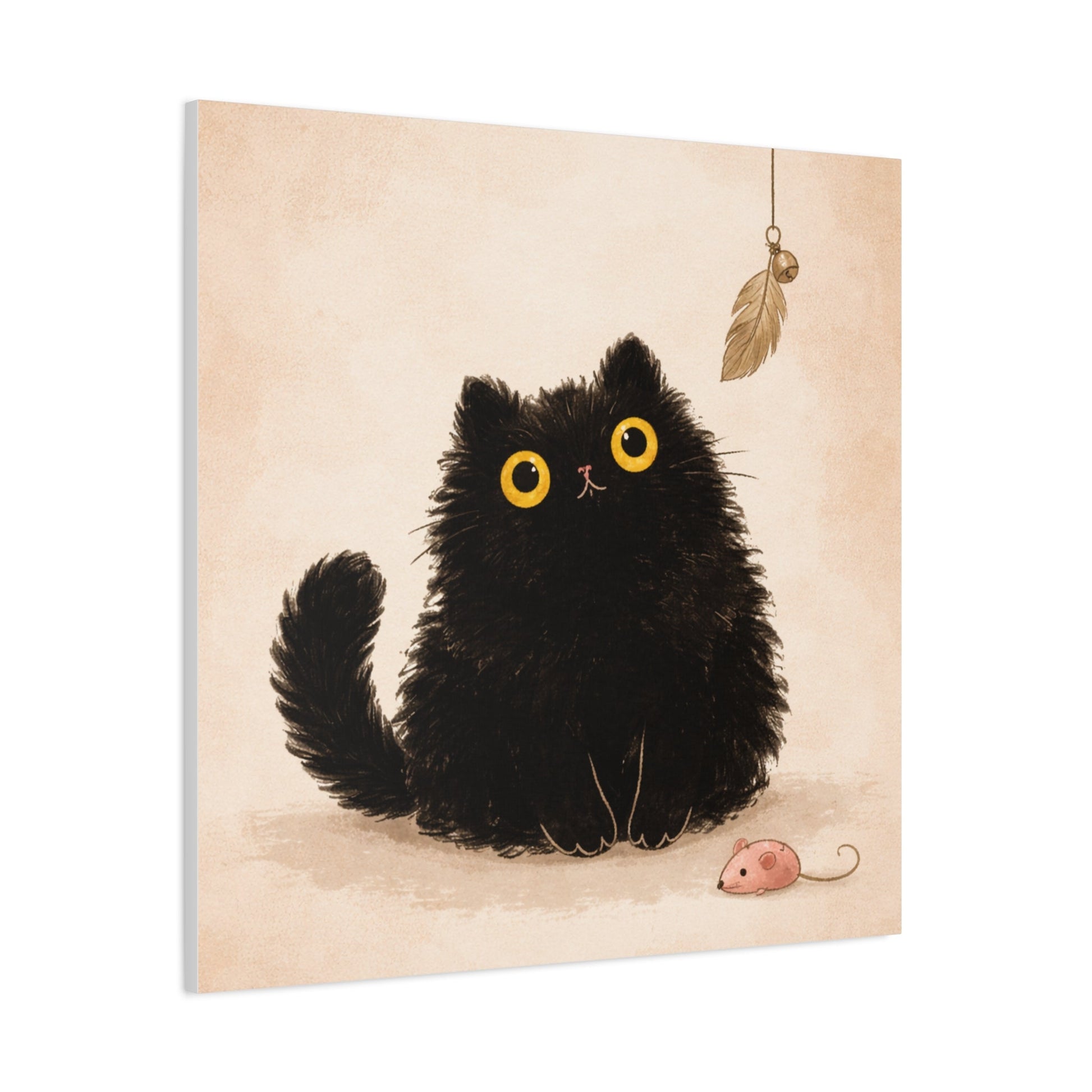 Fluffy Black Cat Canvas Print — Cute Wide - Eyed Kitty Wall Art - FloofChonk