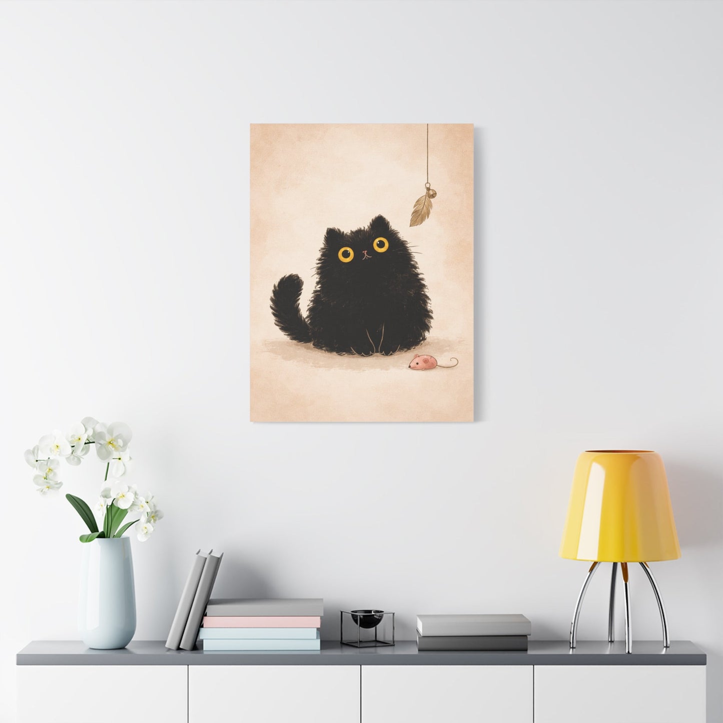 Fluffy Black Cat Canvas Print — Cute Wide - Eyed Kitty Wall Art - FloofChonk