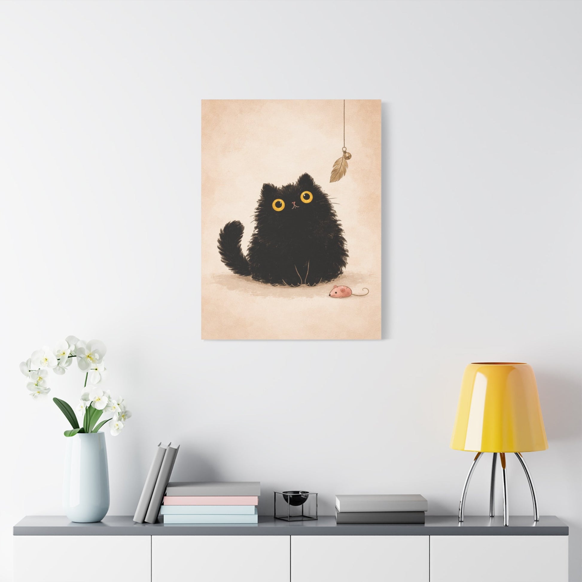 Fluffy Black Cat Canvas Print — Cute Wide - Eyed Kitty Wall Art - FloofChonk