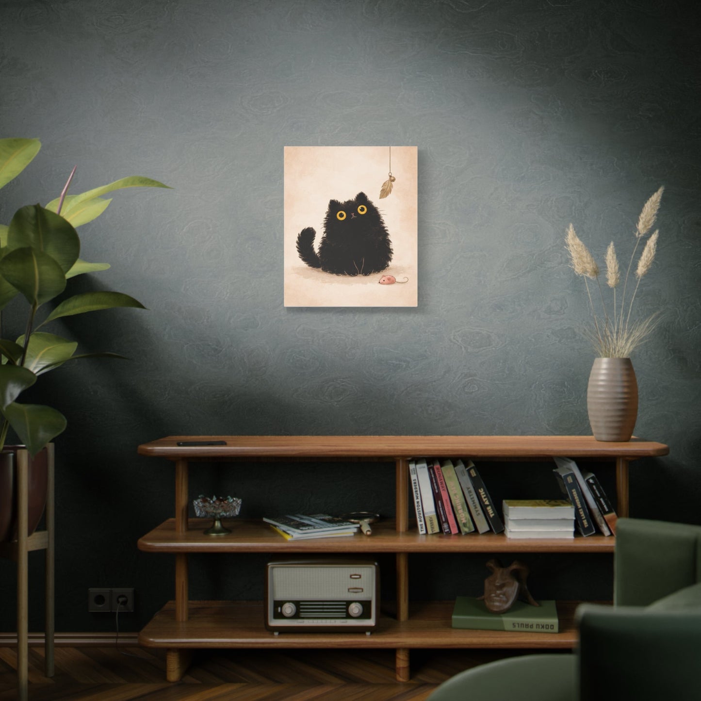 Fluffy Black Cat Canvas Print — Cute Wide - Eyed Kitty Wall Art - FloofChonk