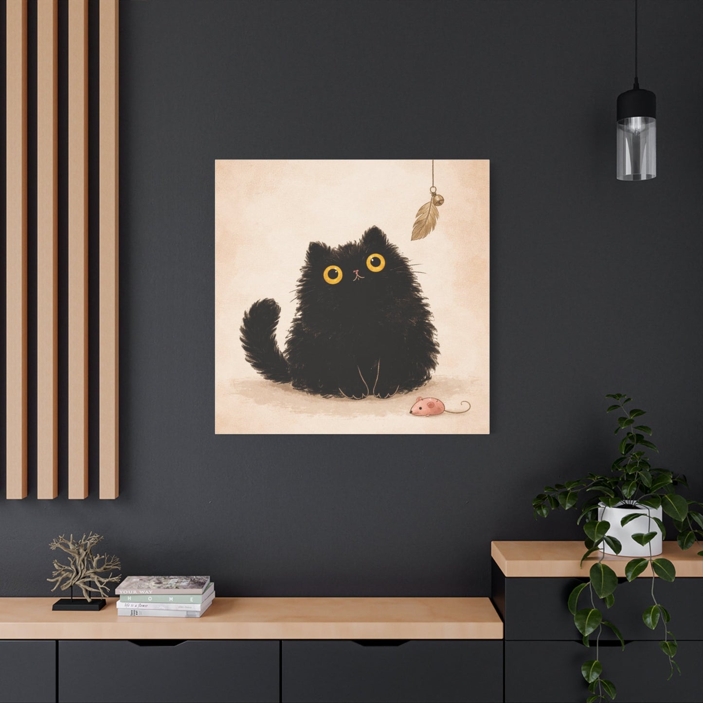 Fluffy Black Cat Canvas Print — Cute Wide - Eyed Kitty Wall Art - FloofChonk