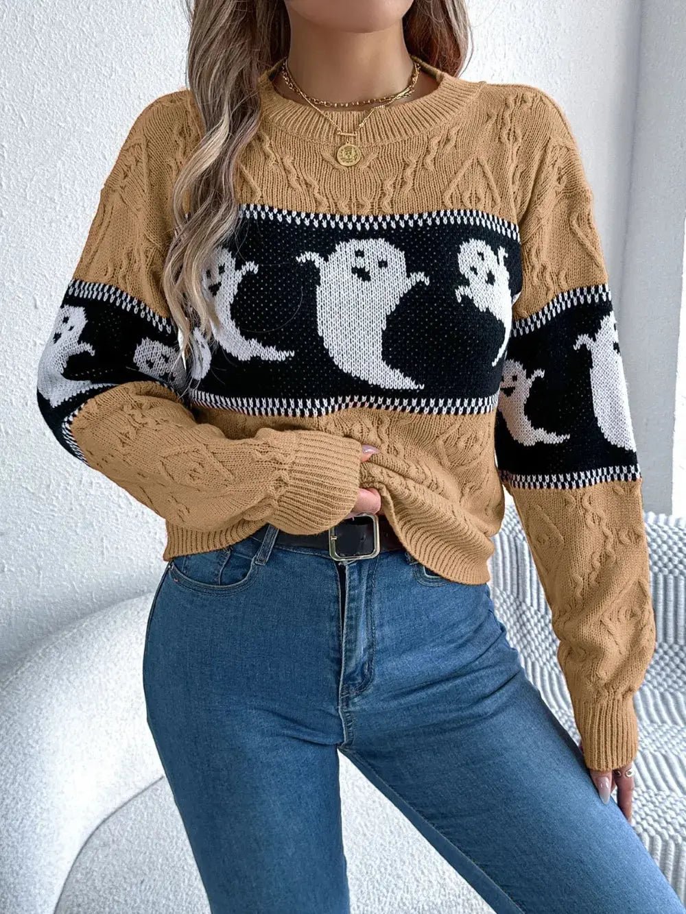 Ghost Round Neck Long Sleeve Sweater - FloofChonk