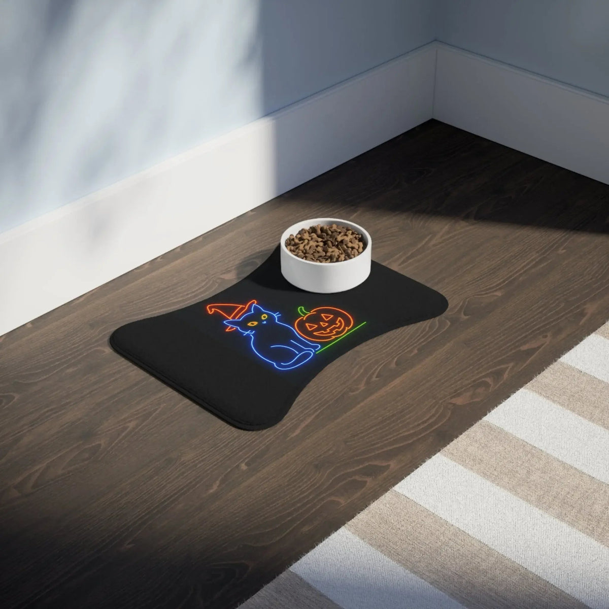 Halloween Cat & Pumpkin Pet Feeding Mat, Festive Pet Food Tray, Dog Bowl Mat, Cat Feeding Station, Holiday Pet Decor - FloofChonk