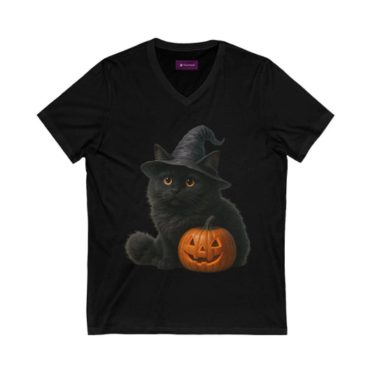 Halloween Cat V-Neck Tee, Funny Cat Shirt, Spooky Pet Lover Shirt, Halloween Costume Tee, Autumn Fashion, Cat Mom Gift - FloofChonk