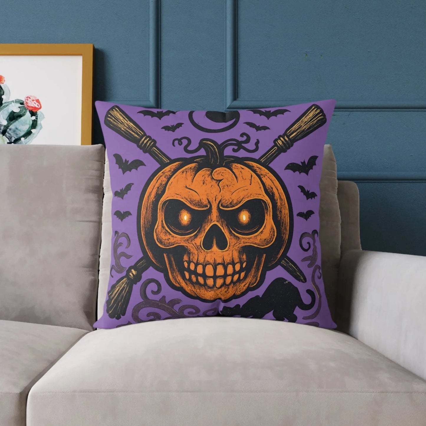 Halloween Skull & Pumpkin Pillow, Spooky Home Decor, Gothic Throw Pillow, Seasonal Accent Cushion, Trick or Treat Gift - FloofChonk