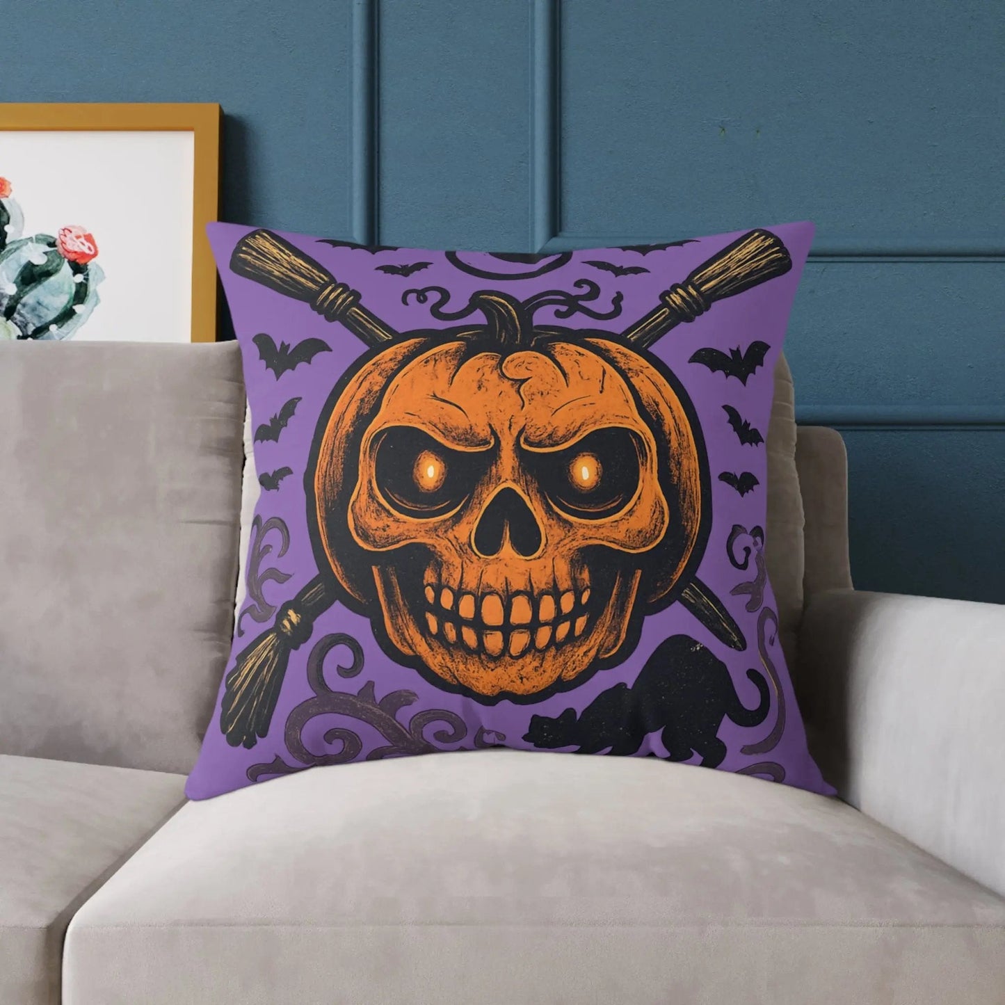 Halloween Skull & Pumpkin Pillow, Spooky Home Decor, Gothic Throw Pillow, Seasonal Accent Cushion, Trick or Treat Gift - FloofChonk