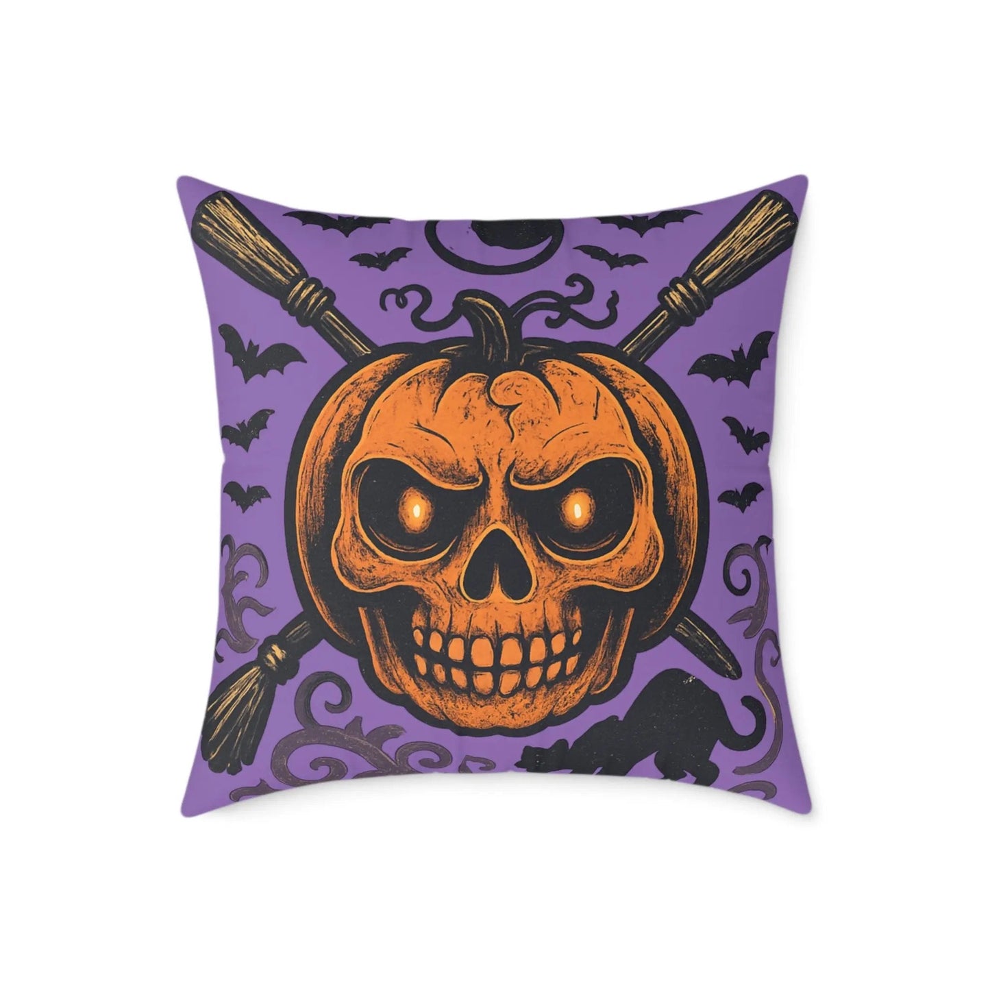 Halloween Skull & Pumpkin Pillow, Spooky Home Decor, Gothic Throw Pillow, Seasonal Accent Cushion, Trick or Treat Gift - FloofChonk