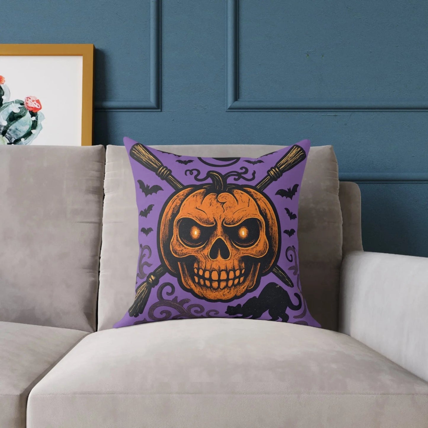 Halloween Skull & Pumpkin Pillow, Spooky Home Decor, Gothic Throw Pillow, Seasonal Accent Cushion, Trick or Treat Gift - FloofChonk