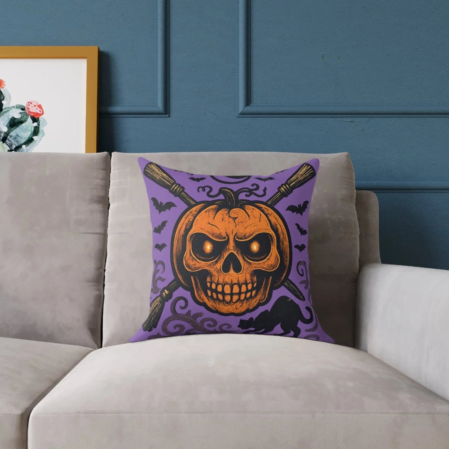 Halloween Skull & Pumpkin Pillow, Spooky Home Decor, Gothic Throw Pillow, Seasonal Accent Cushion, Trick or Treat Gift - FloofChonk